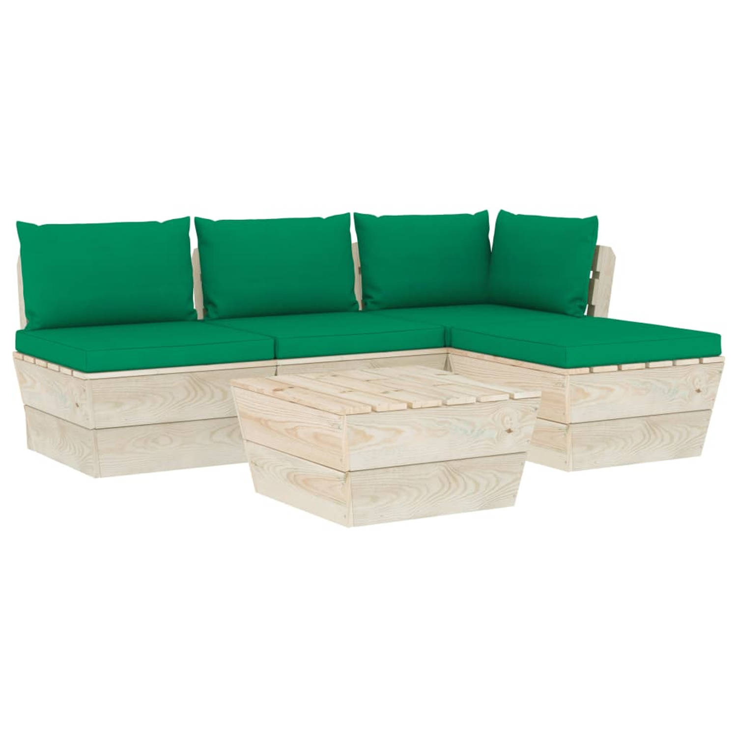 The Living Store Pallet Loungeset - 5-delig - Geïmpregneerd Vurenhout - Groene Kussens