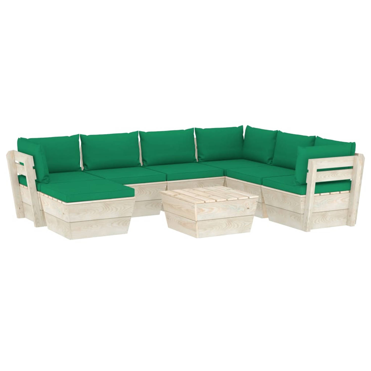 The Living Store Pallet Loungeset - 8-delig - Geïmpregneerd vurenhout - polyester - Groen kussen