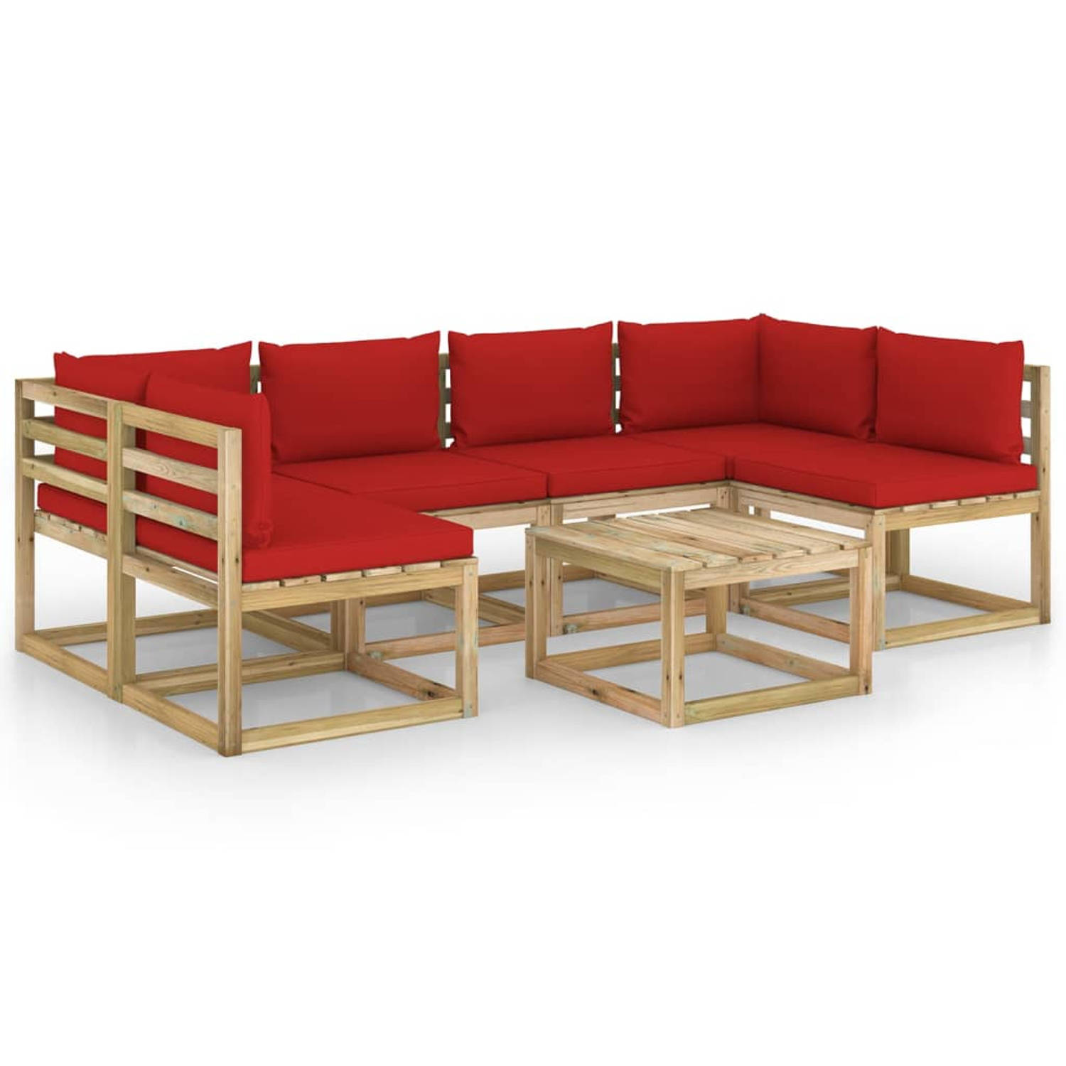 The Living Store Pallet Loungeset - Hoekbank - Middenbank en Tafel - Grenenhout - Rood kussen