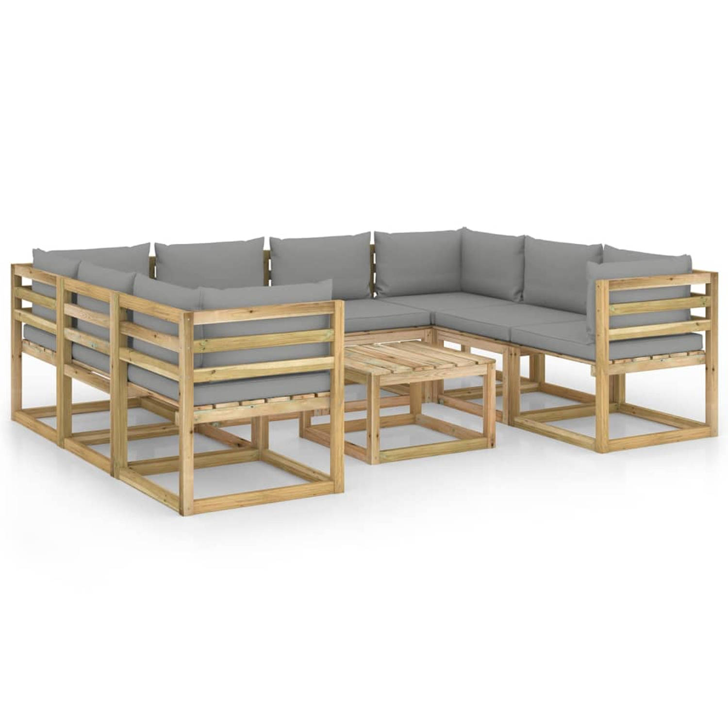 The Living Store Loungeset Pallet - Hoekbank 64x64x70 cm - Middenbank 60x64x70 cm - Tafel 60x60x36.5 cm - Kussen Grijs - Grenenhout - 100% polyester