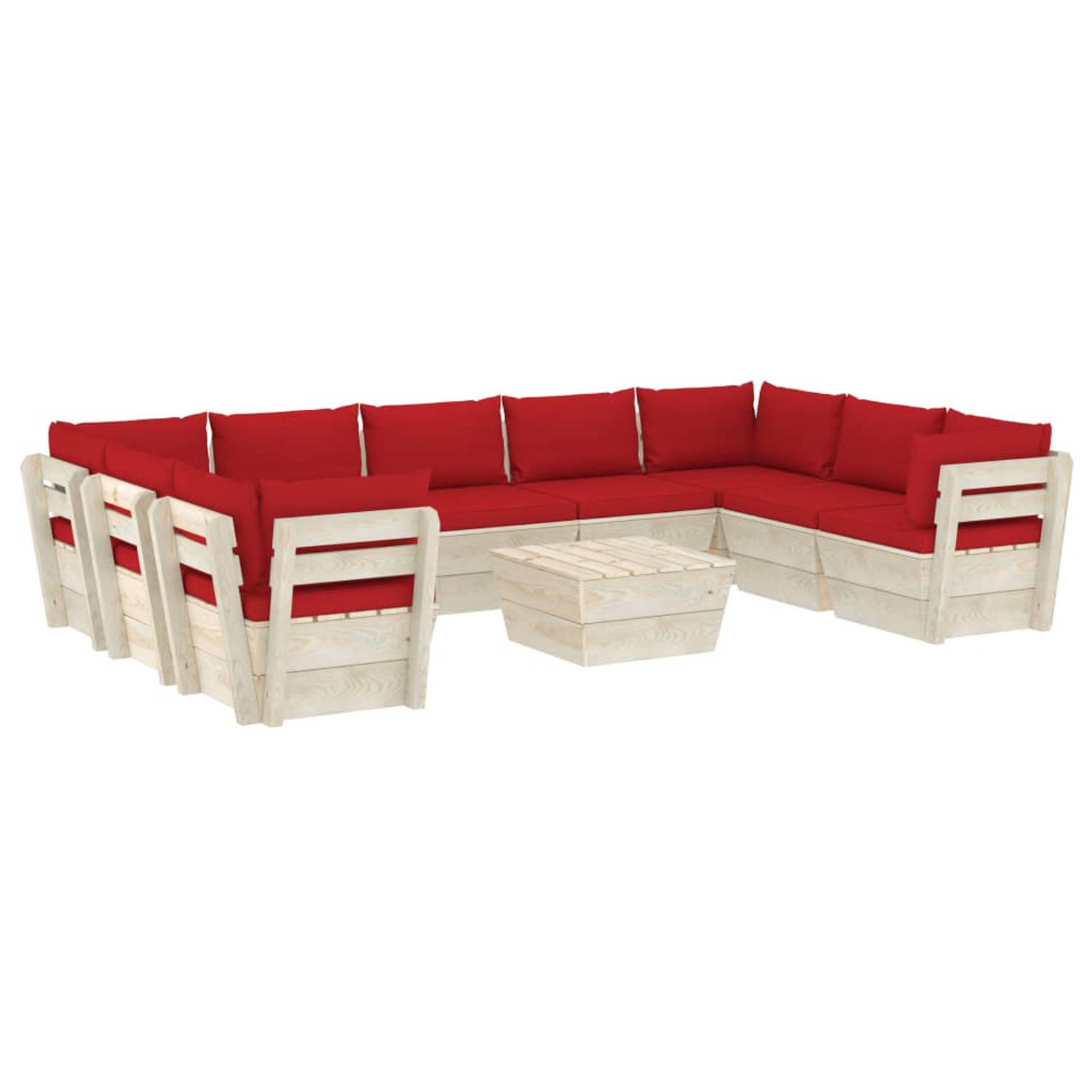 The Living Store Houten Loungeset - 10-delige - Pallet Tuinset - 60x60x65 cm - Rood