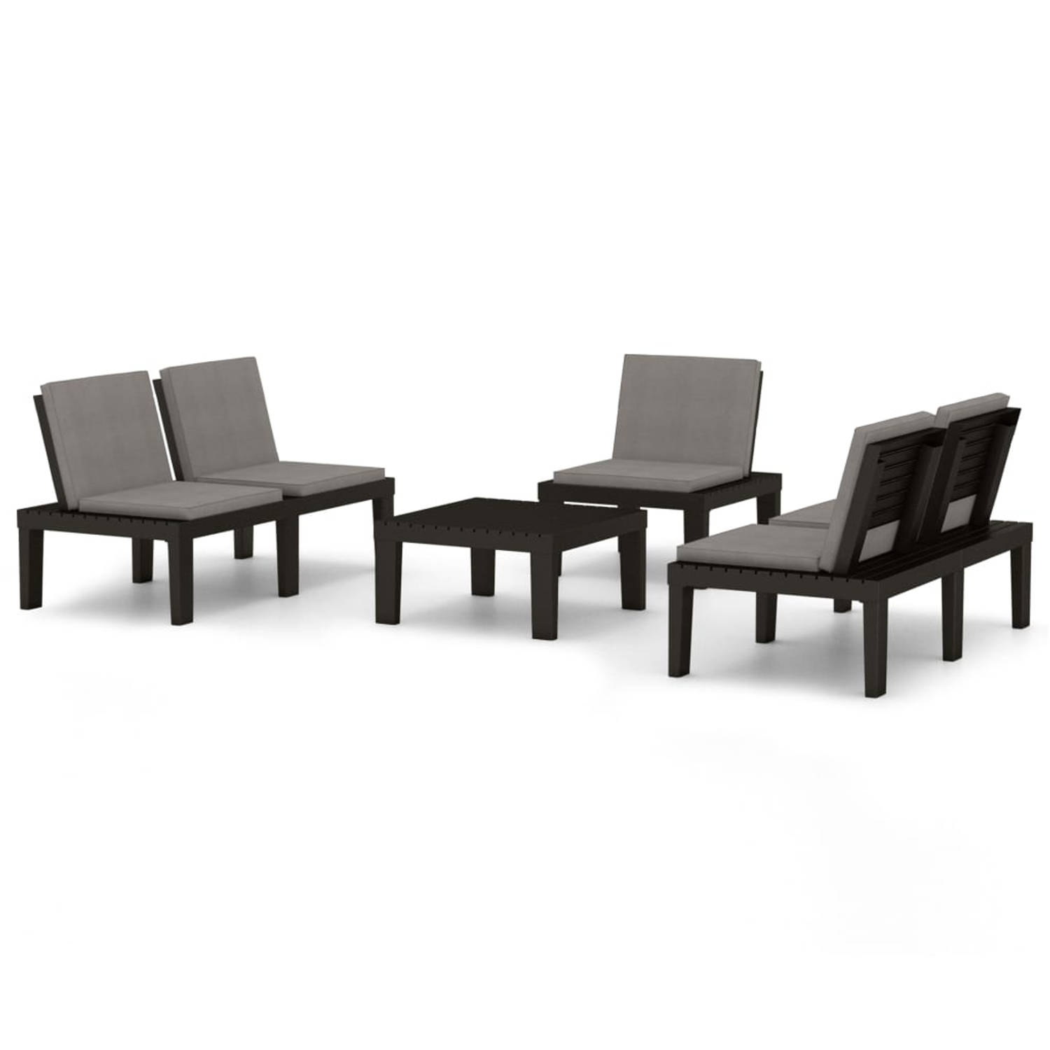 The Living Store Loungeset Kunststof - Grijs - 65x65x33cm tafel - 65x65x70cm stoel - 130x65x70cm bank - 5cm kussen - Inclusief 1 tafel - 2 bankjes - 1 stoel - 5 zitkussens en 5 rug
