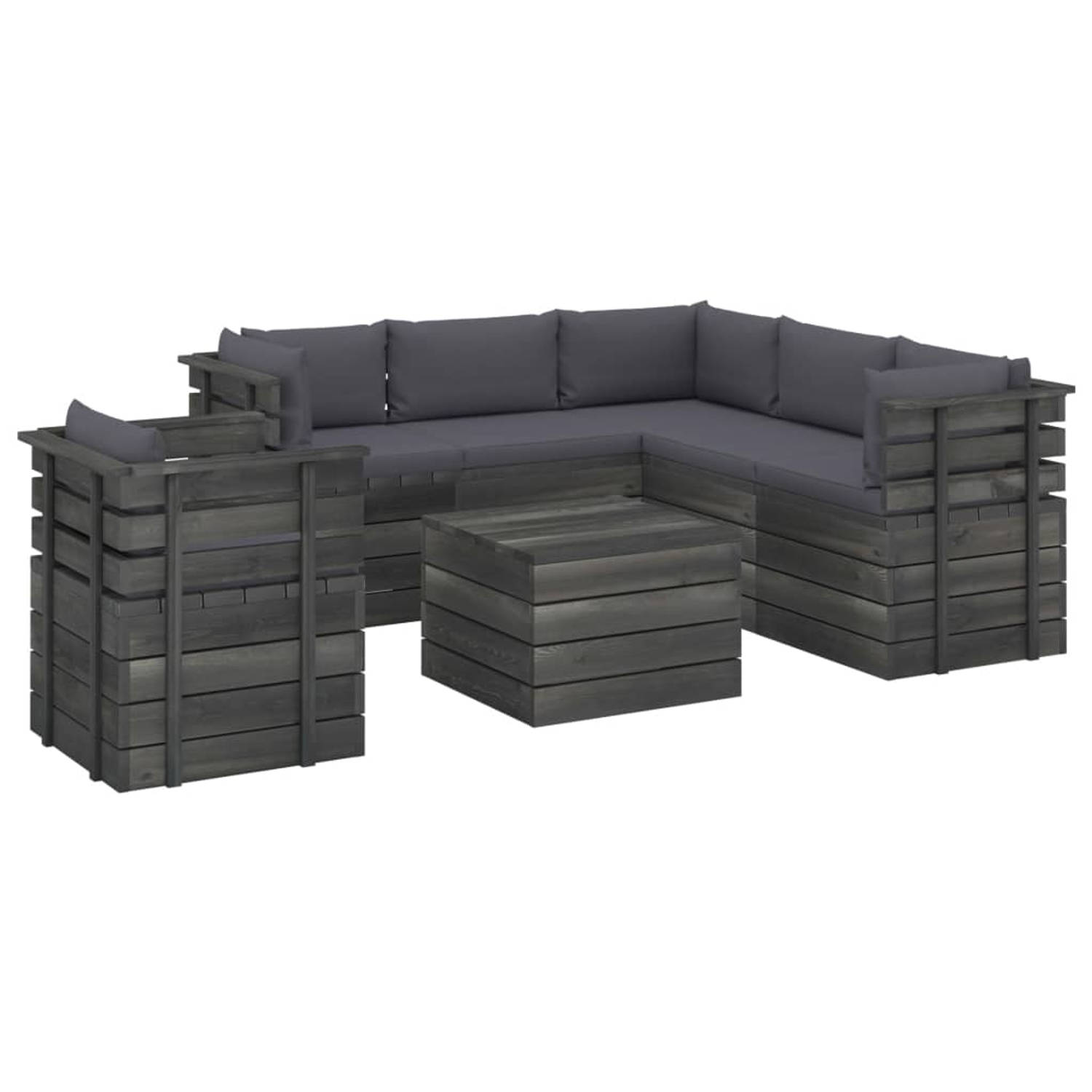 The Living Store Pallet Loungeset - Grenenhout - Antraciet - Modulair - 60x60x41.5cm - Met kussens