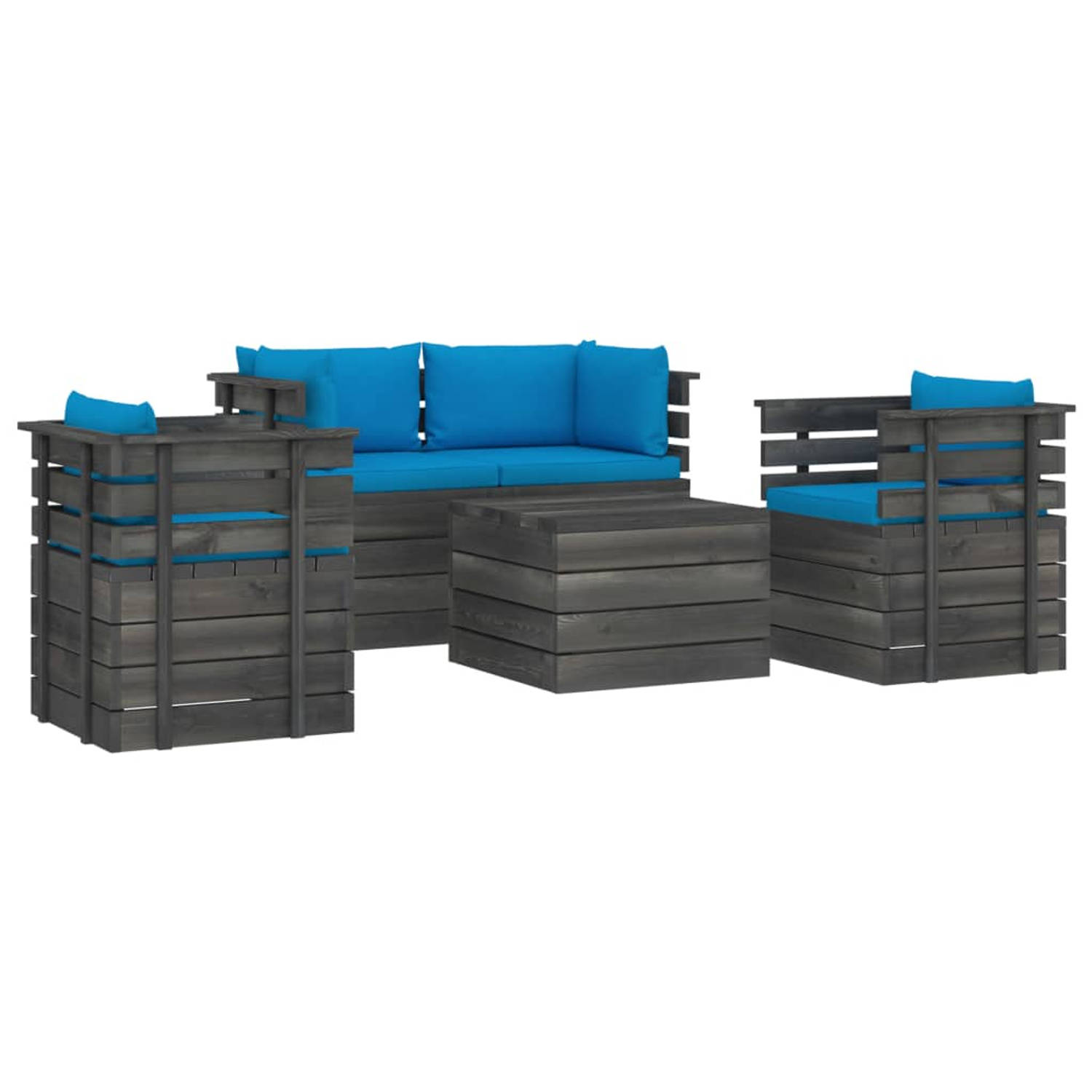 The Living Store Pallet Lounge Set - Armstoel Hoekbank Tafel - 70x65x71.5 cm - Massief grenenhouten en polyester bekleding - Lichtblauwe kussens - Montage vereist