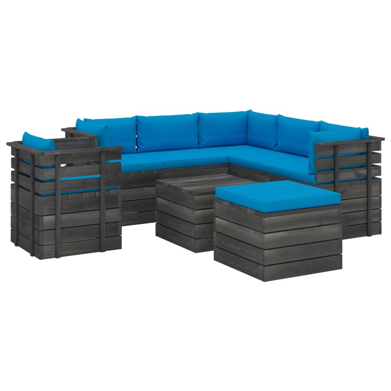 The Living Store Loungeset Pallet - Grenenhout - Modulair - Lichtblauwe Kussens - Afmetingen- Armstoel 70 x 65 x 71.5