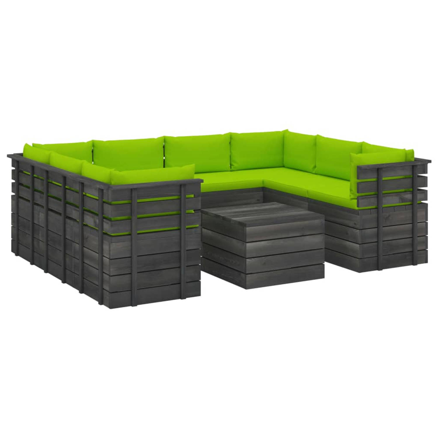 The Living Store Pallet Loungeset - Tuinmeubelset - Massief grenenhout - 100% polyester kussens - Helder groen - Modulair design - Montage vereist - 4x middenbank - 4x hoekbank - 1