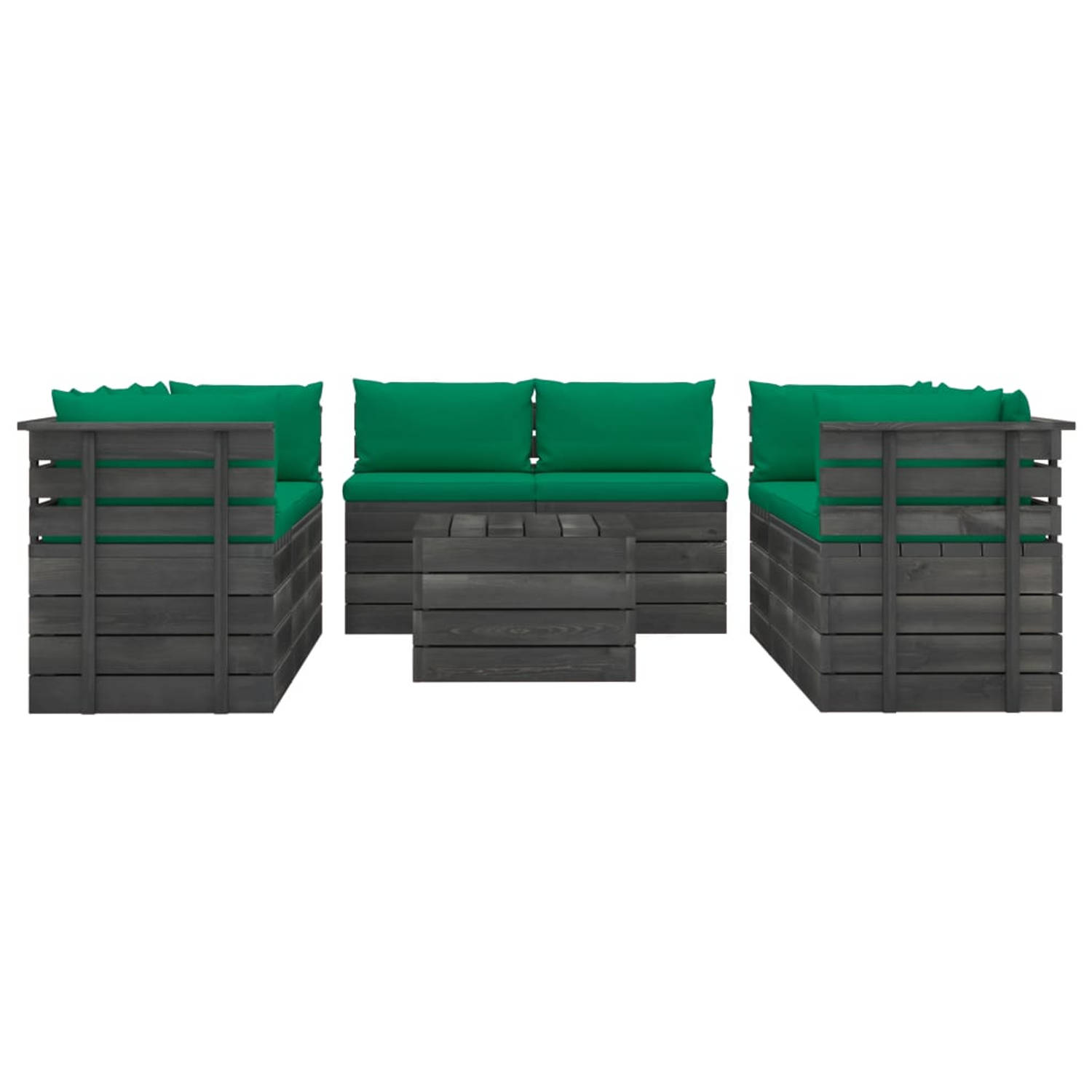 The Living Store Pallet Lounge Set - Massief grenenhout - Groen kussen - Modulair