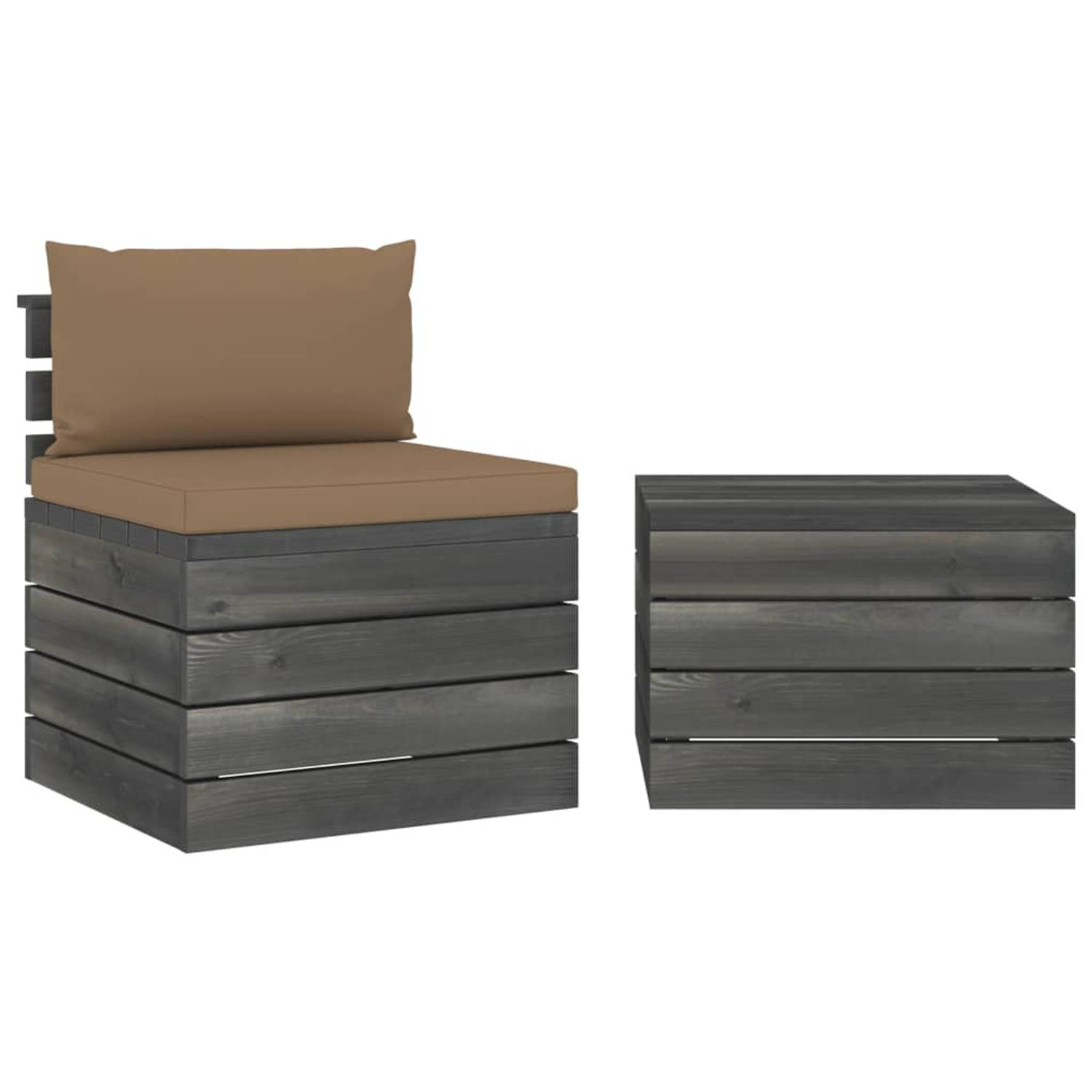 The Living Store Pallet Loungeset - Grenenhout - Taupe Kussens - Modulair - 60x65x71.5cm - 60x60x41.5cm - 60x60x6cm - 60x38x13cm
