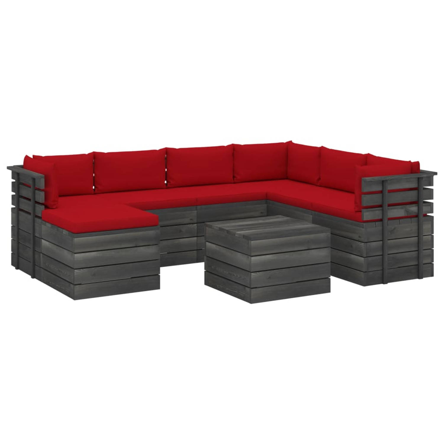 The Living Store Pallet Loungeset - Grenenhout - 60x65x71.5 - Rood kussen
