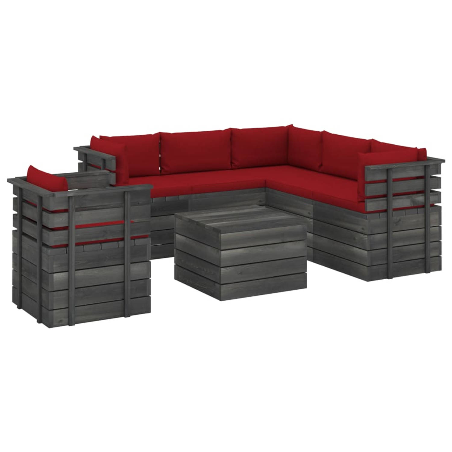 The Living Store Pallet Loungeset - Grenenhout - Palletontwerp - Wijnrood Kussen