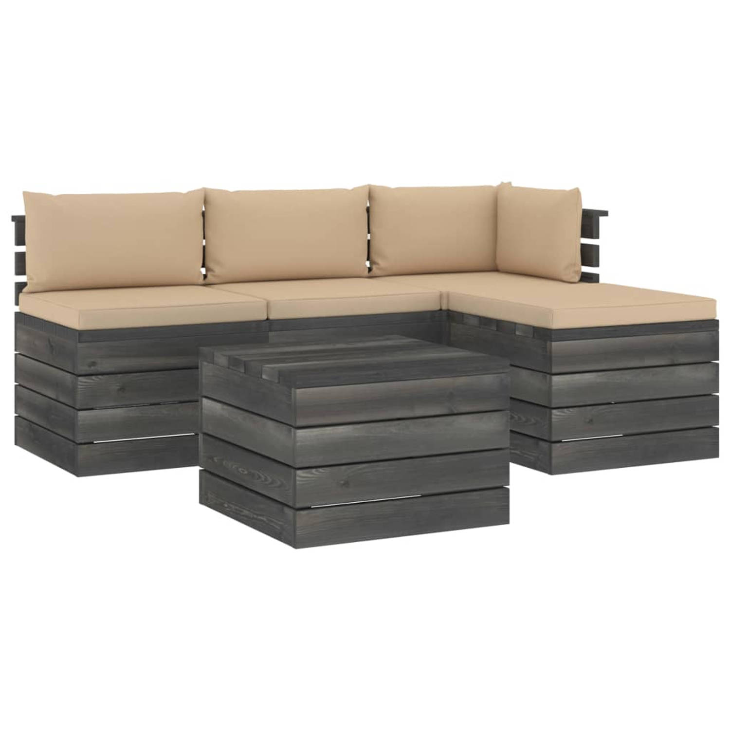 The Living Store Pallet Loungeset - Grenenhout - Beige Kussens - Modulair