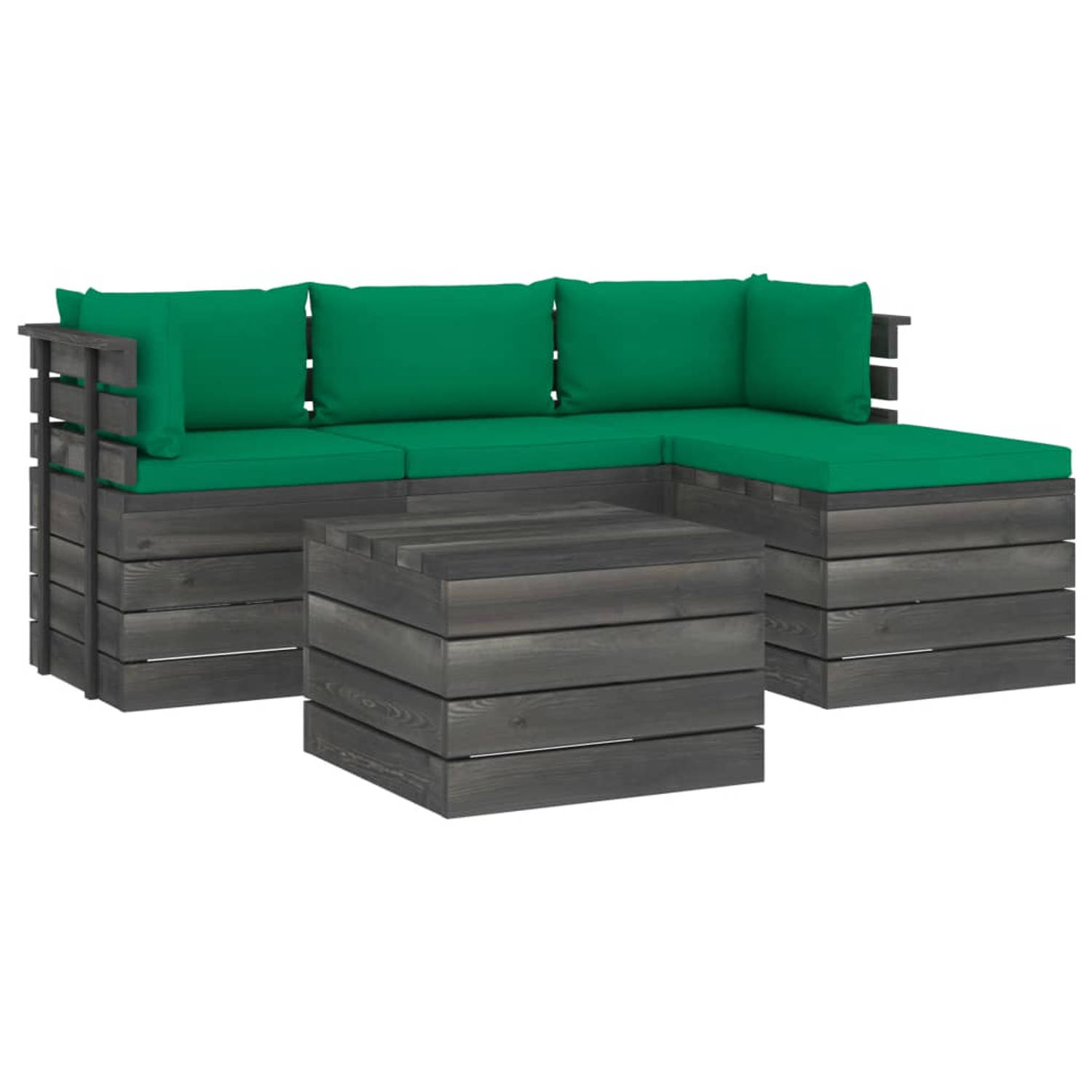 The Living Store Pallet Loungeset - Grenenhout - Tuinmeubelset - 60x65x71.5 cm - Groene kussens