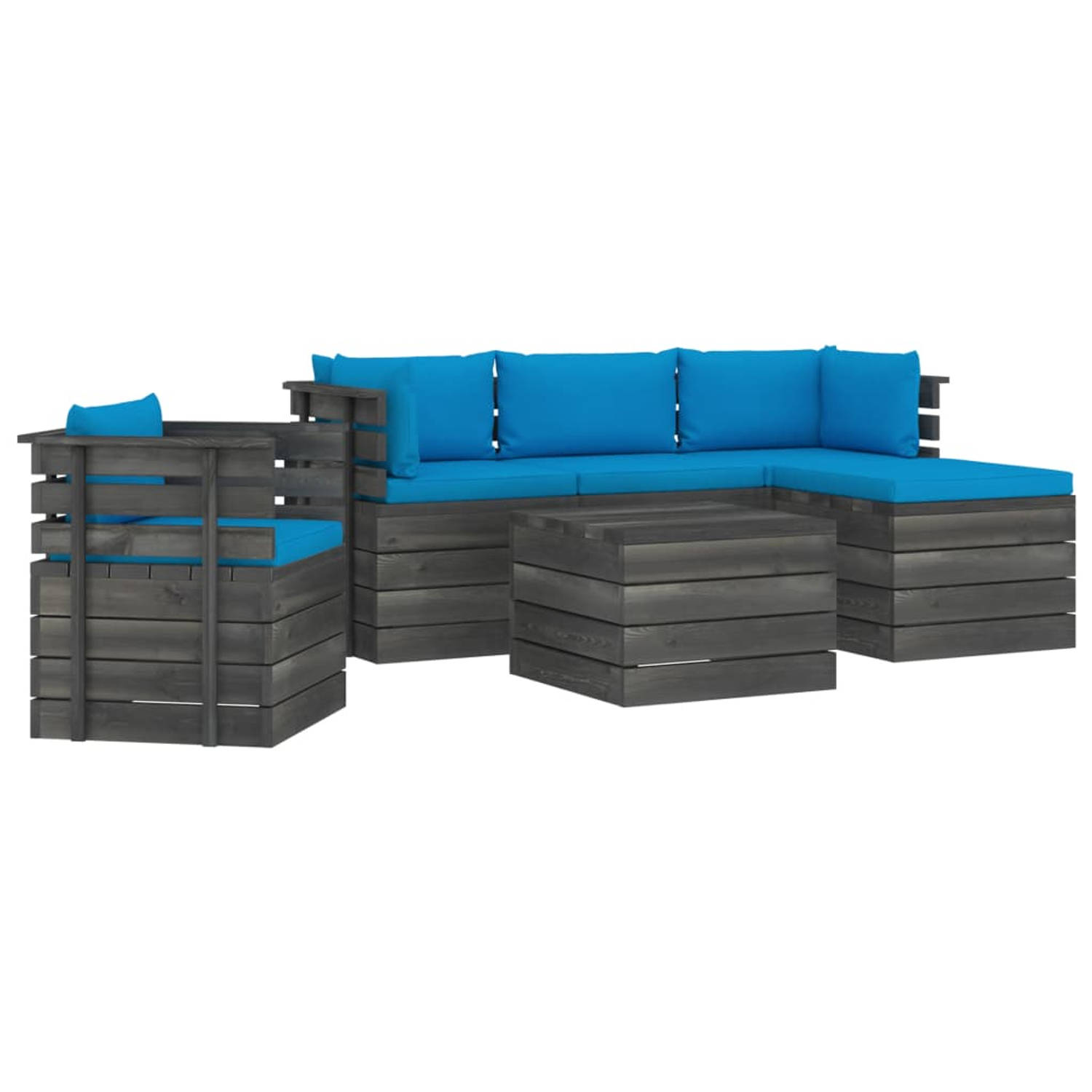 The Living Store Pallet Loungeset - Grenenhout - Tuinmeubelset - 60x60x41.5 cm - Lichtblauwe kussens