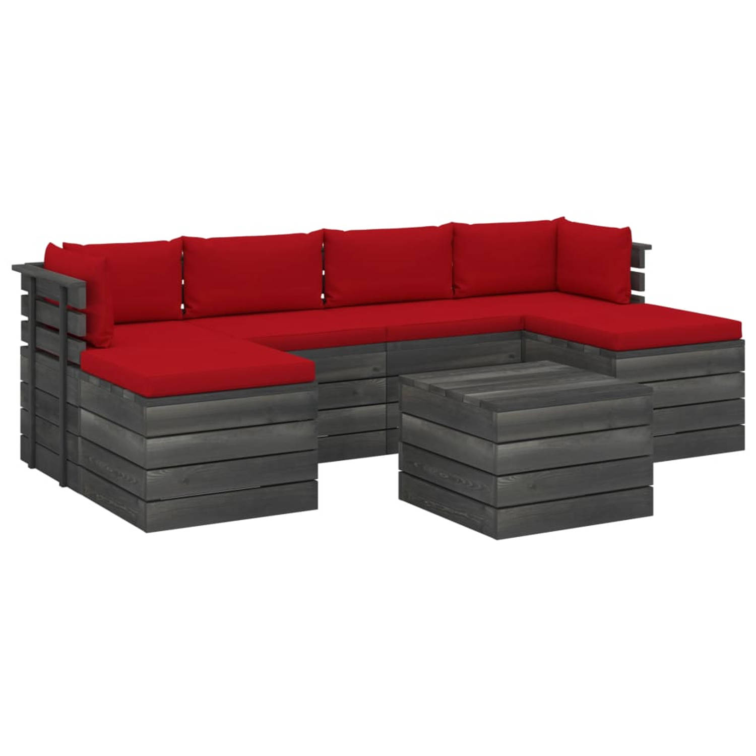 The Living Store Pallet loungeset - Tuinset - 60x65x71.5cm - Grenenhout - Rood kussen
