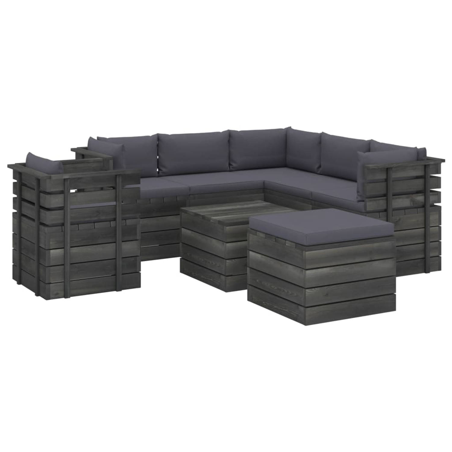 The Living Store Pallet Loungeset - Grenenhout - Antraciet - Zitkussens en Rug/Zijkussens - 150 x 65 x 71.5 cm