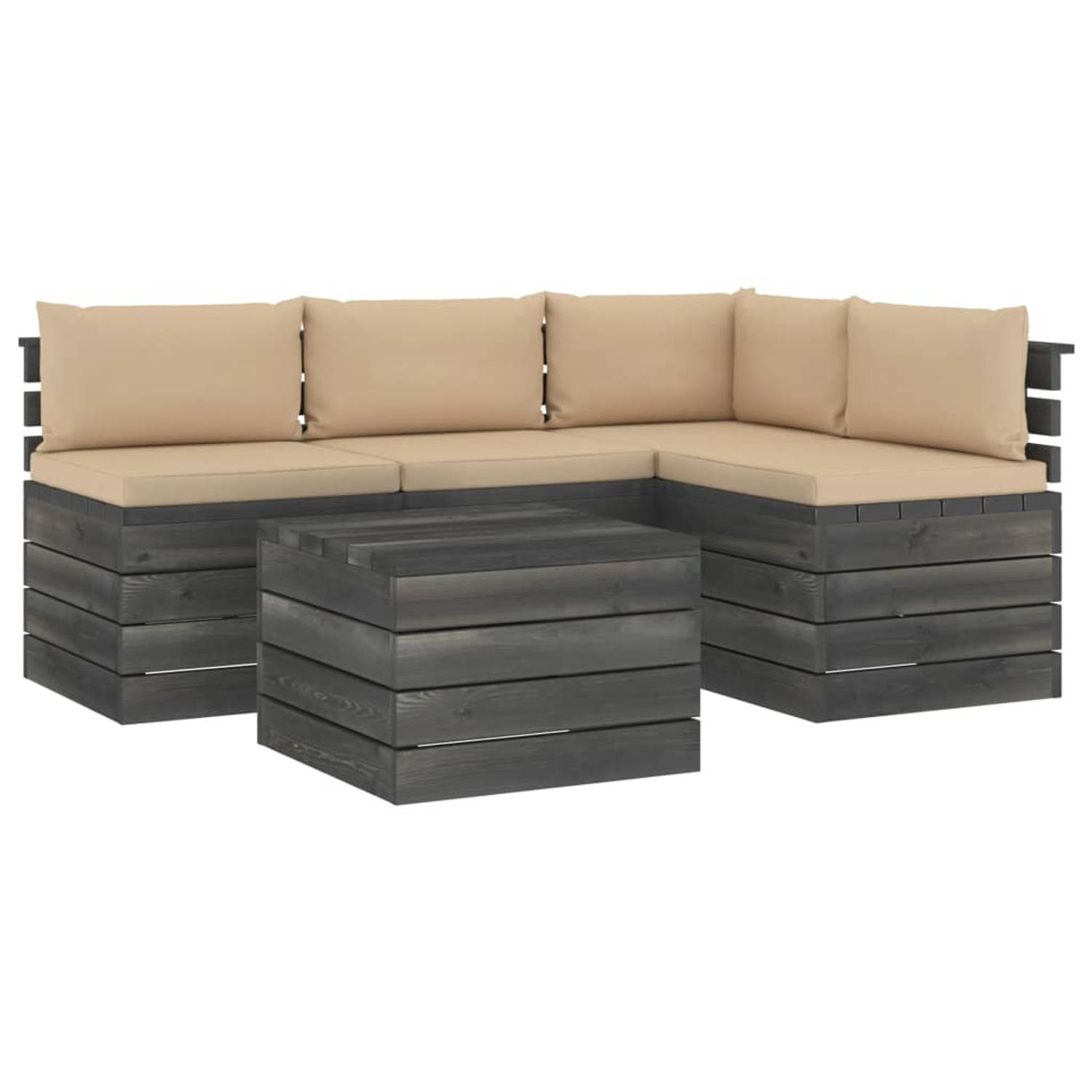 The Living Store Pallet Loungeset - 3 middenbanken - 1 hoekbank - 1 tafel - Grenenhout - Beige kussens