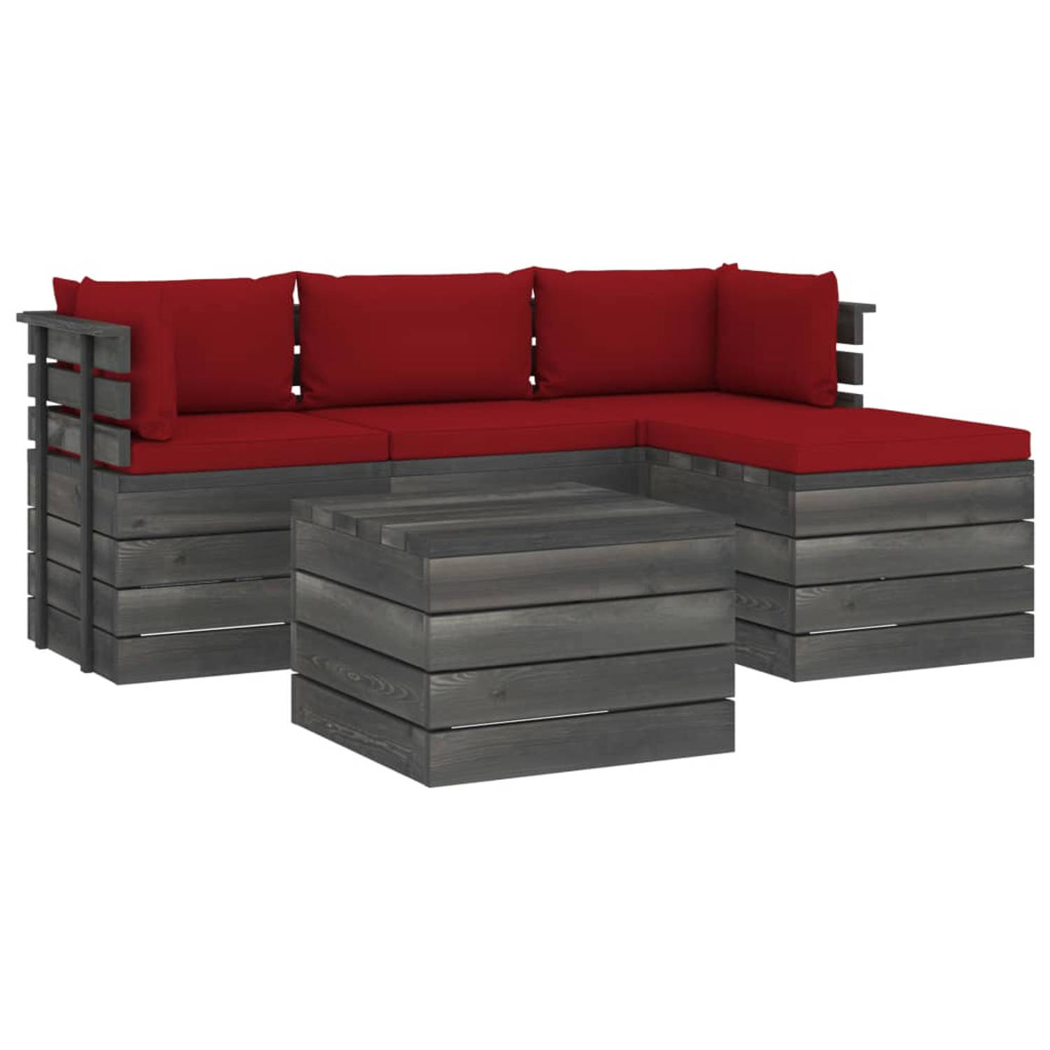 The Living Store Loungeset Pallet - Houten Tuinmeubelen - Grenenhout - Complete Set - Wijnrood - 150x71.5x65cm