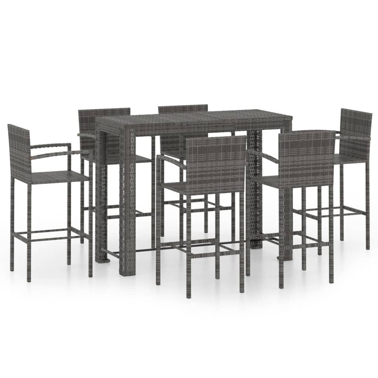 The Living Store Barset Rattan - Grijs - 140.5 x 60.5 x 110.5 cm - Inclusief 1 tafel en 6 krukken