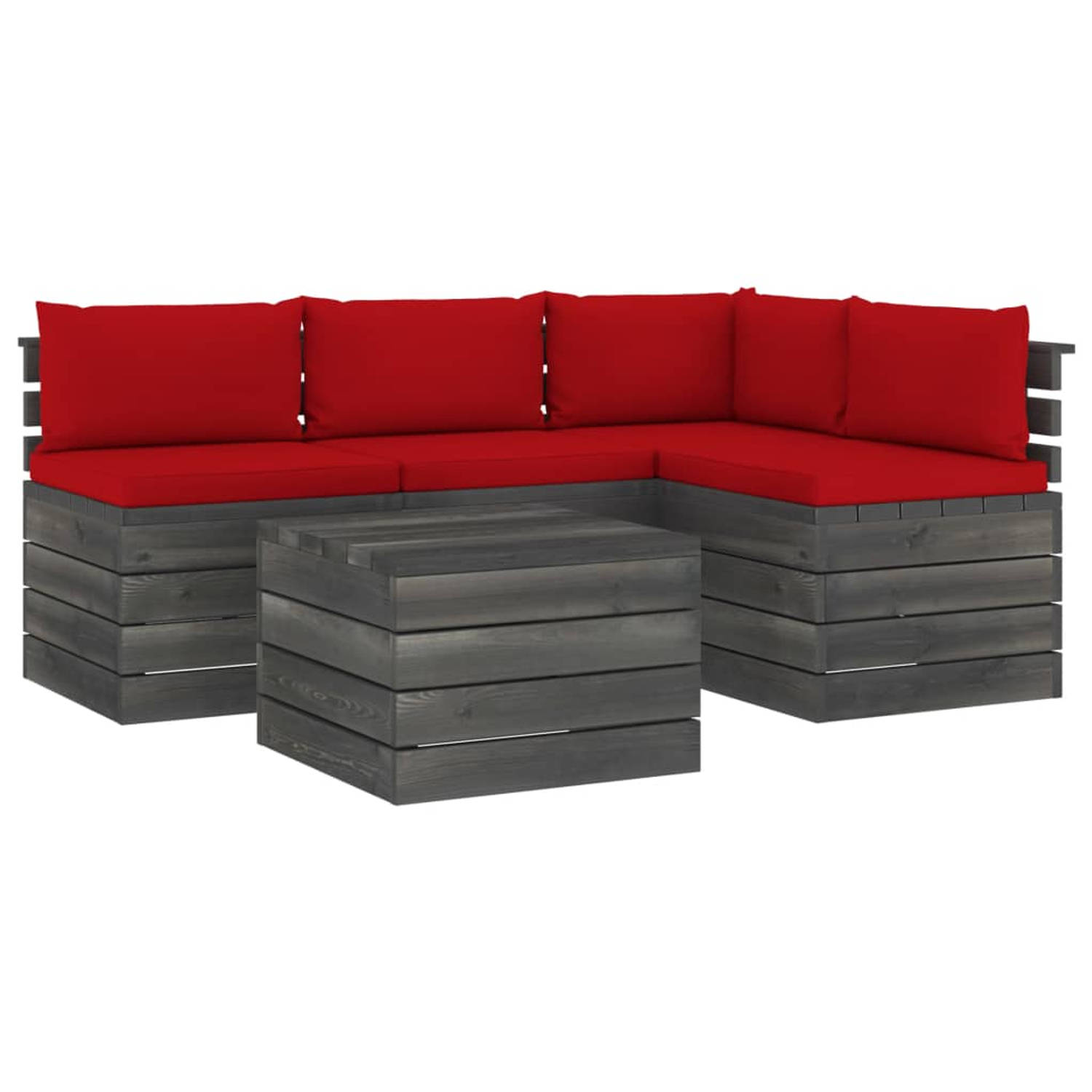 The Living Store Loungeset Pallet Grenenhout - 60x65x71.5 cm - Rode Kussens