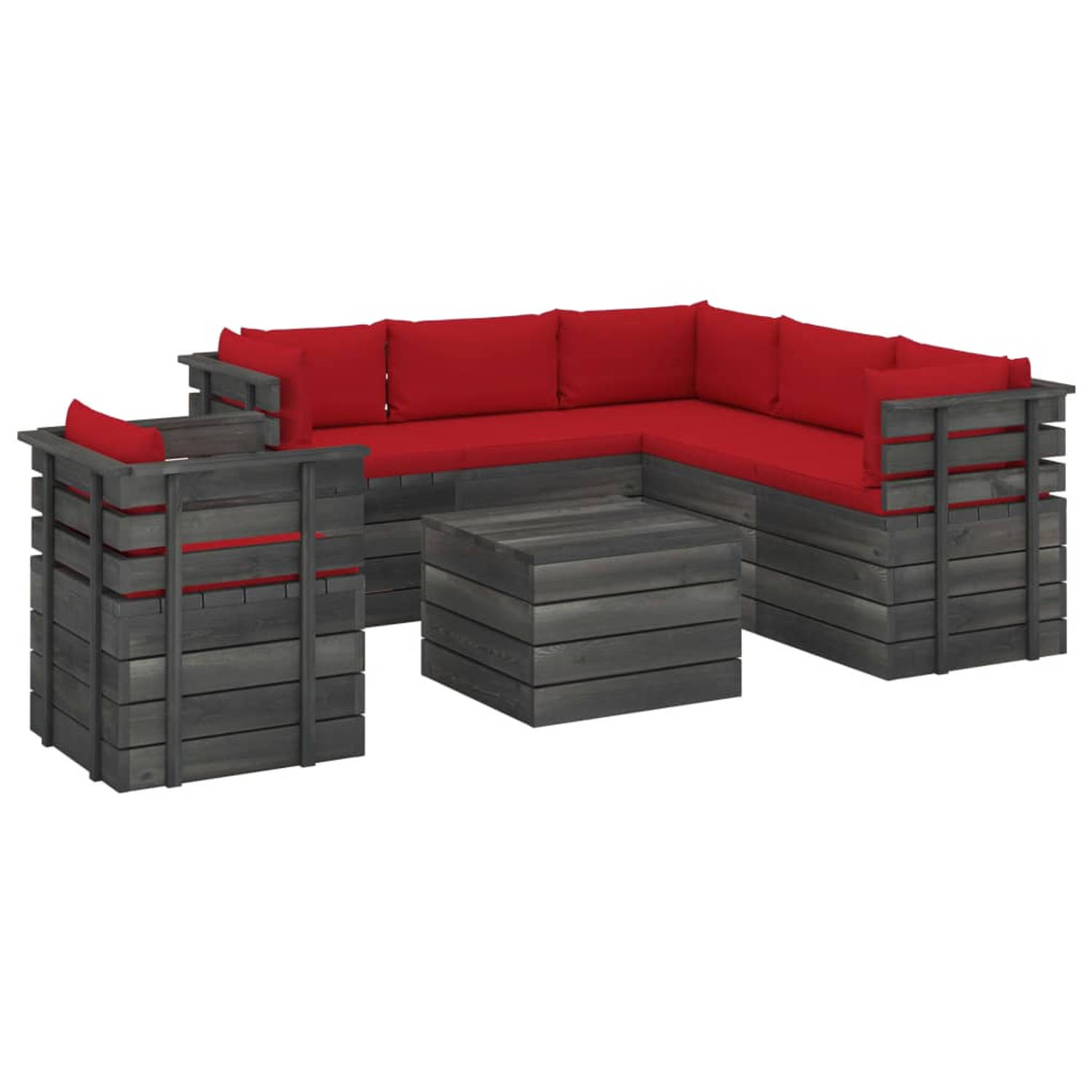 The Living Store Loungeset Pallet - Massief Grenenhout - Tuinset met Kussens - Rood