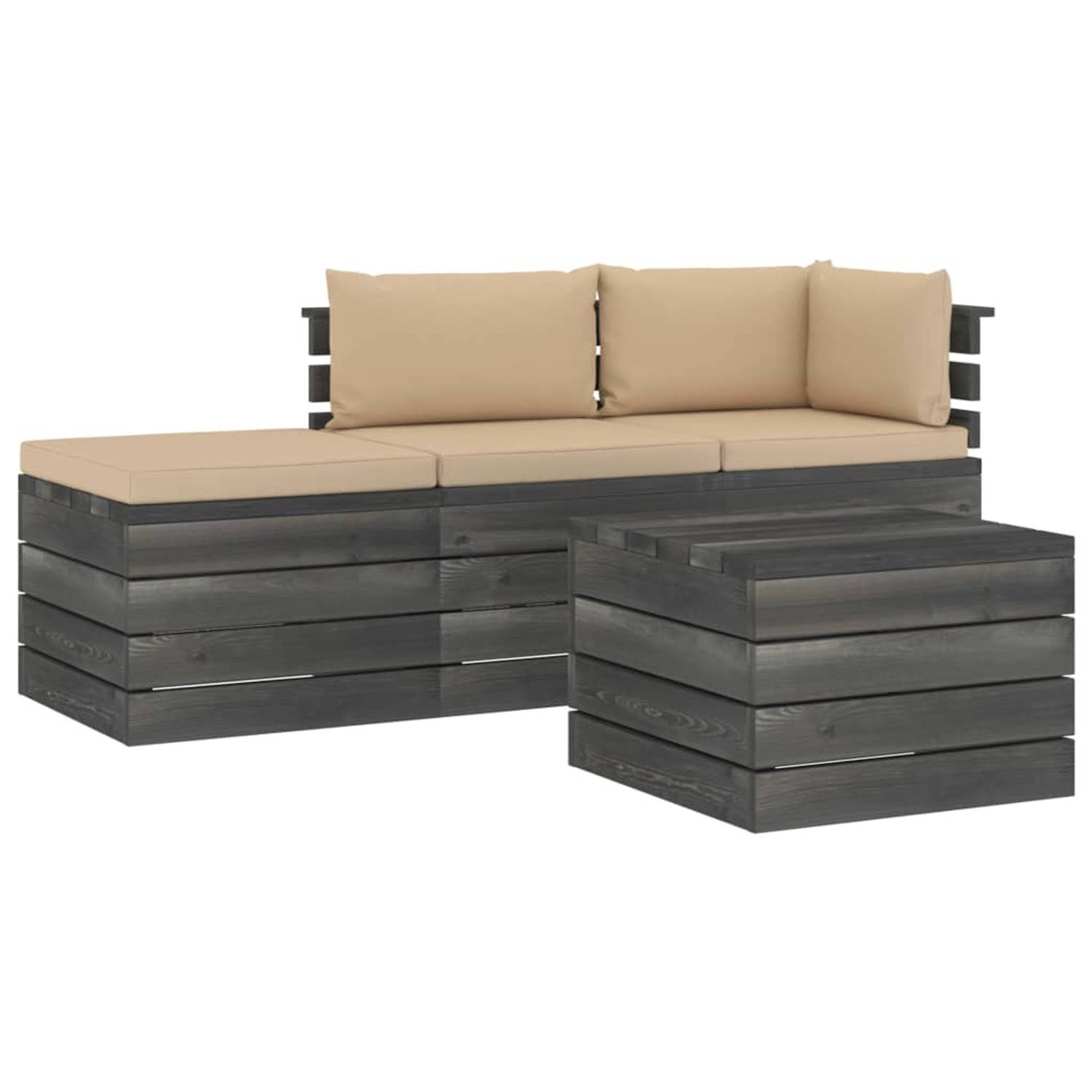 The Living Store Loungeset Pallet - Grenenhout - Beige Kussen - Modulair Design - 150 cm