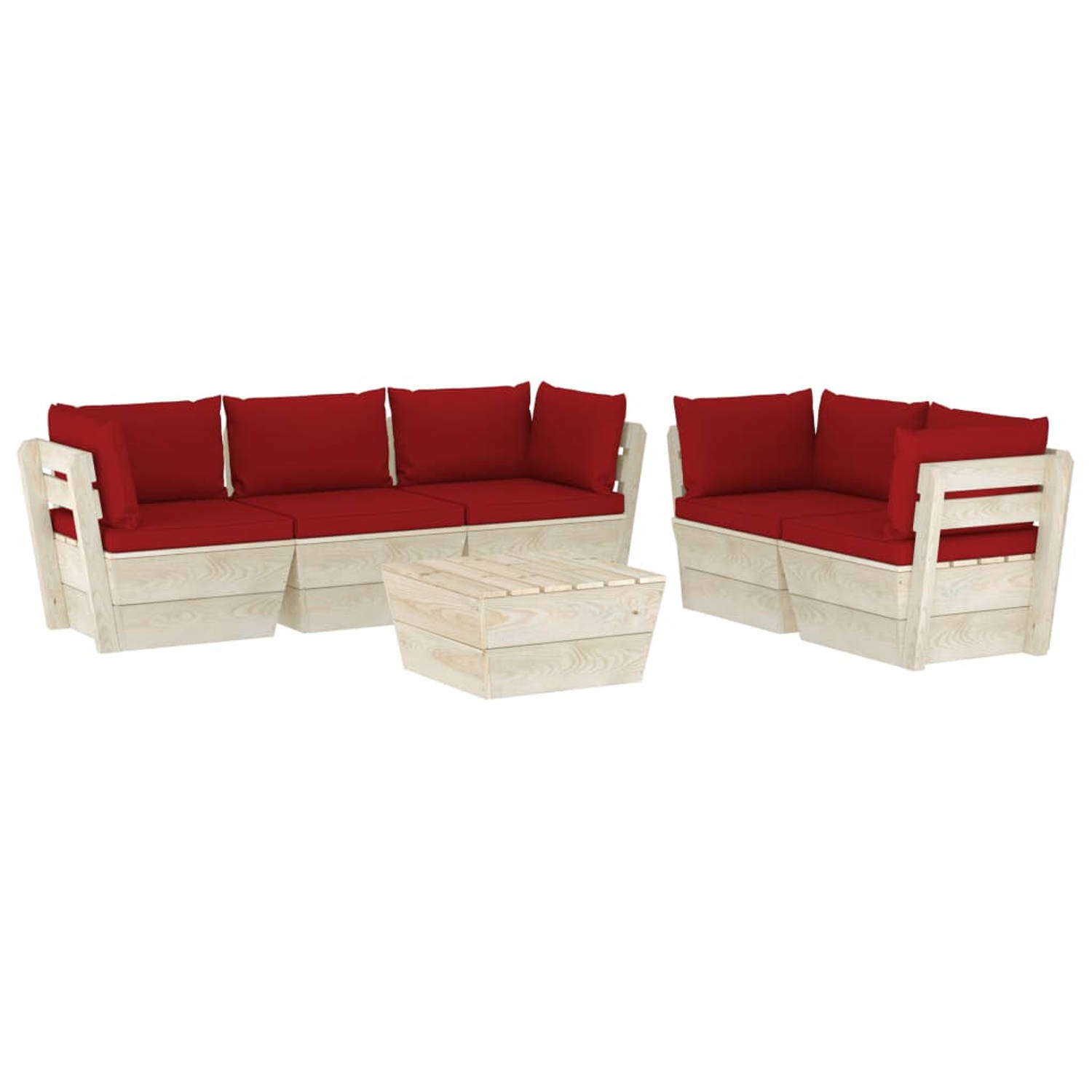 The Living Store Pallet Lounge Set - 6-delig - Geïmpregneerd vurenhout - Wijnrode kussens - 60x60x65cm - Montage vereist