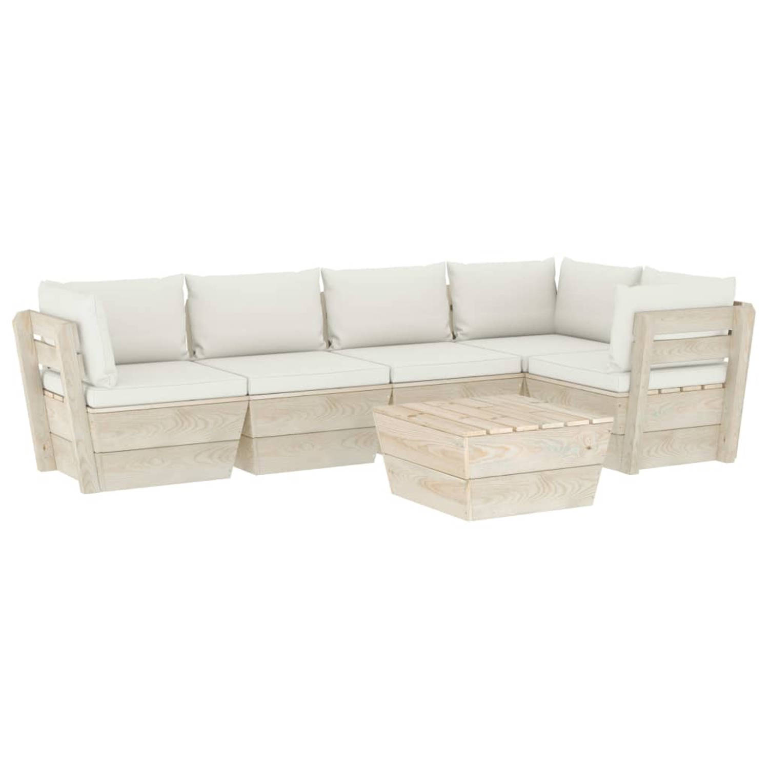 The Living Store Pallet Loungeset - 6-delig - Geïmpregneerd vurenhout - Crèmewit kussen