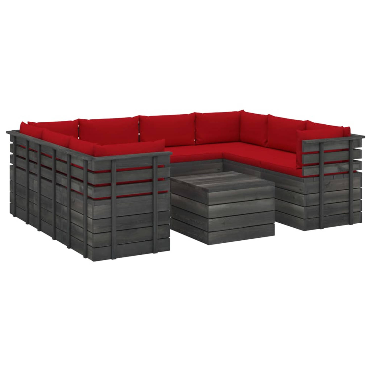 The Living Store Pallet Lounge Tuinset - 4x middenbank + 4x hoekbank + 1x tafel - Rood Kussen - Massief Grenenhout