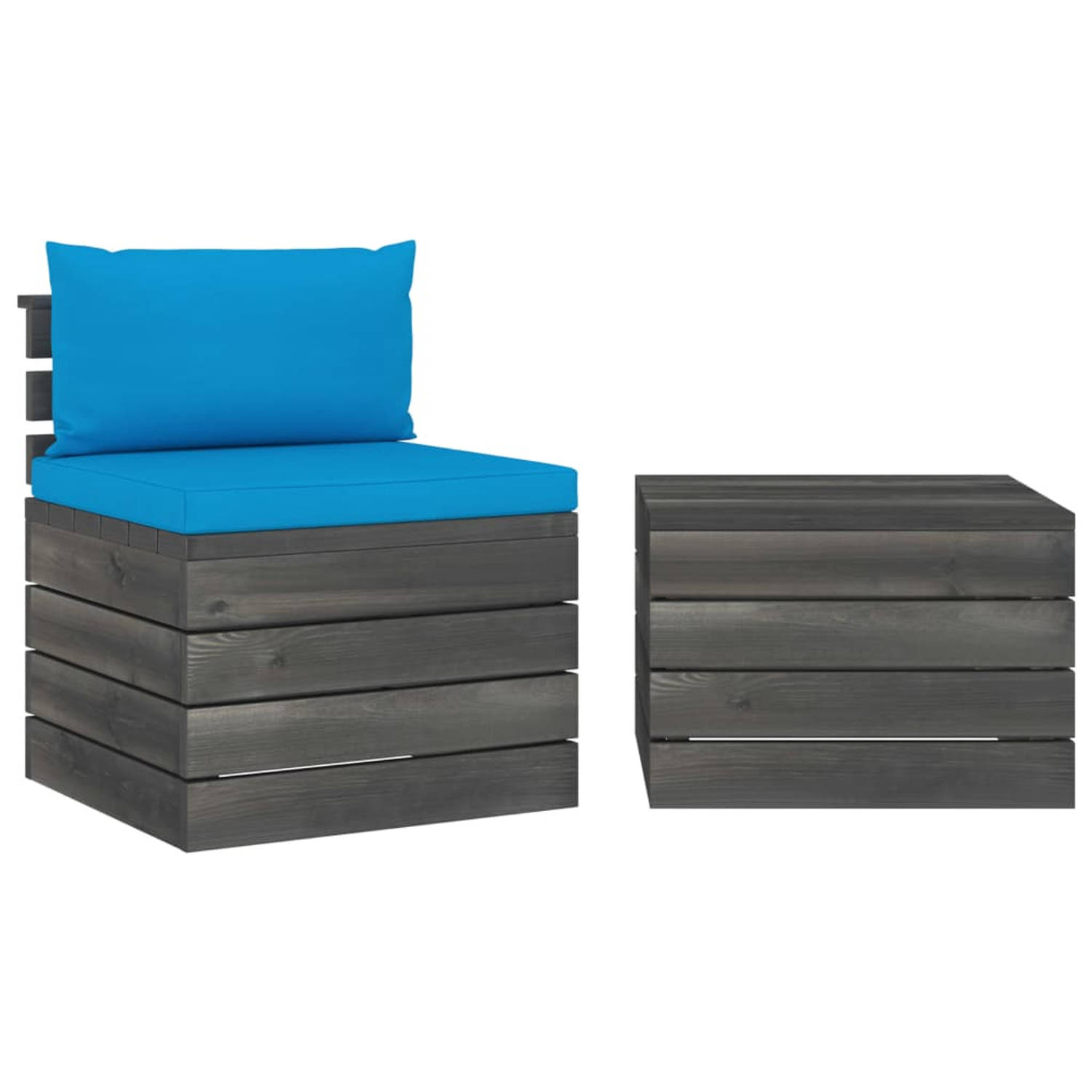 The Living Store Pallet Tuinset - Houten Loungeset - Massief grenenhout - Lichtblauw kussen - 60x65x71.5cm - 60x60x41.5cm - 60x60x6cm - 60x38x13cm