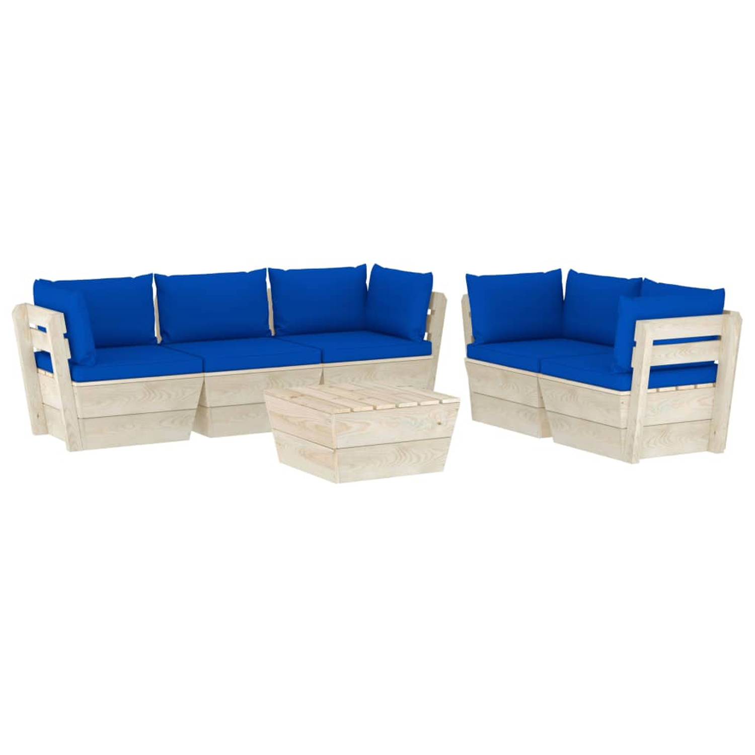 The Living Store Pallet loungeset - 6-delig - Geïmpregneerd vurenhout - Blauw kussen