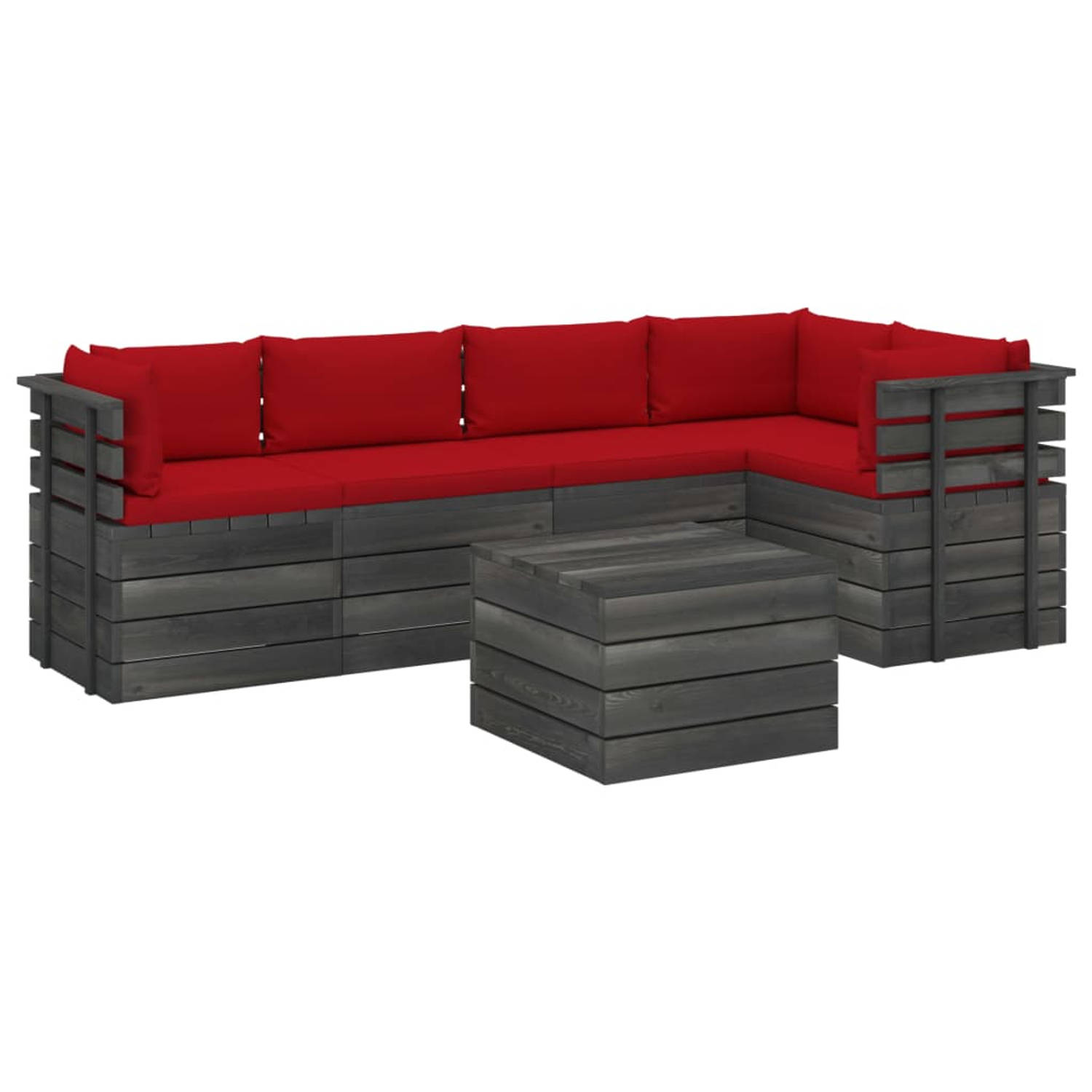The Living Store Loungeset Pallet - Grenenhout - 60x65x71.5 cm - Rood kussen
