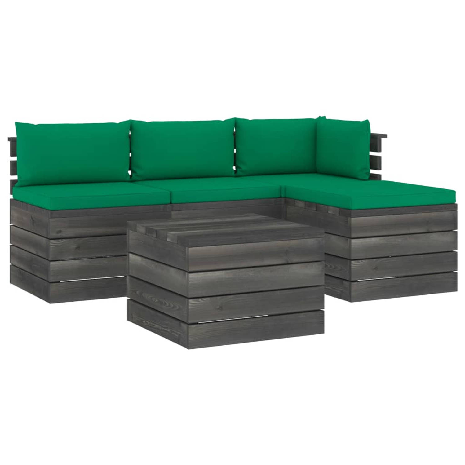 The Living Store Pallet Loungeset - grenenhout - modulair - groen kussen - 2 middenbanken - 1 hoekbank - 1 tafel - 1 hocker