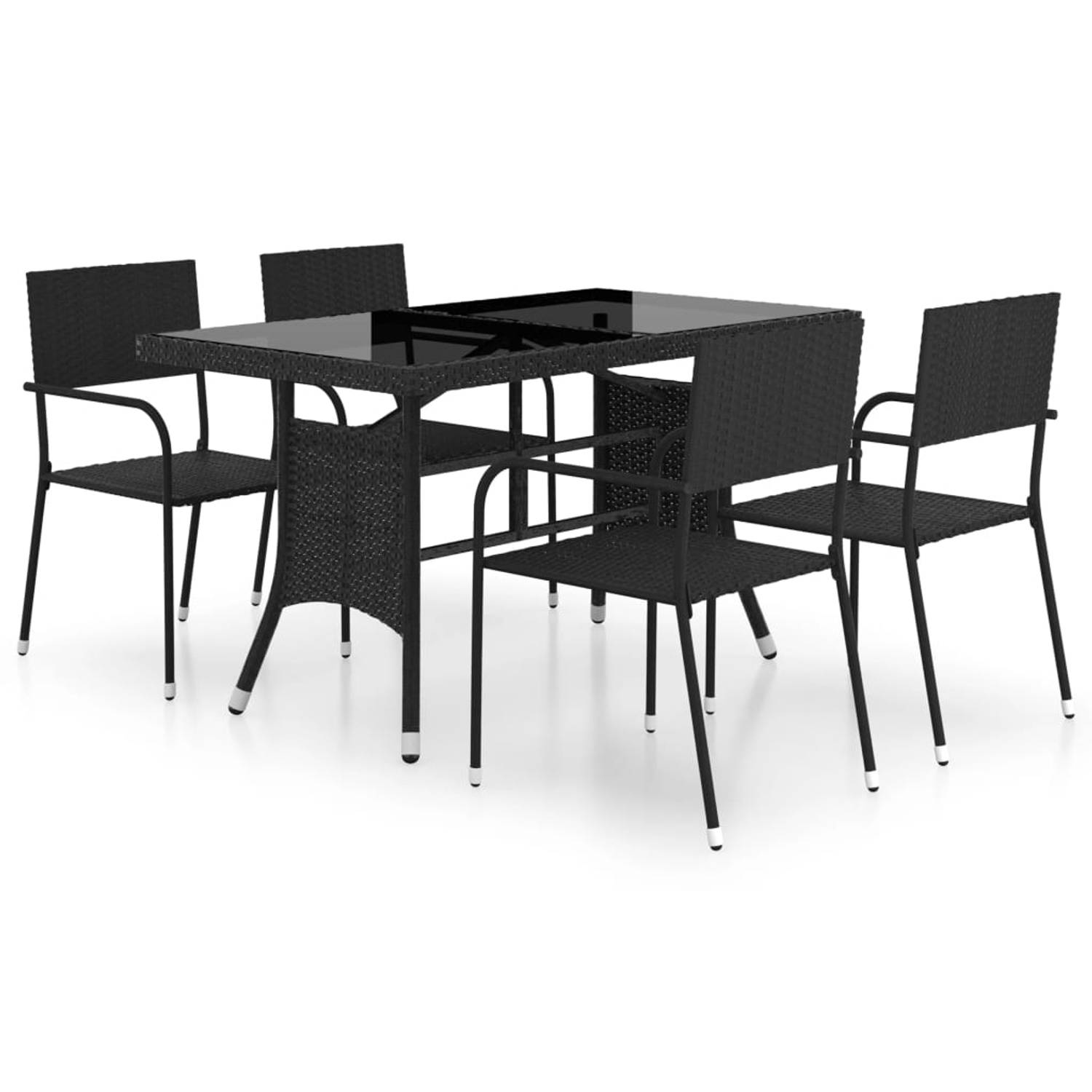The Living Store Poly Rattan Tuinset - Eettafel en stoelen - PE-rattan - Stalen frame - Glas tafelblad - Lichtgewicht en stapelbaar - 140x80x74cm - Zwart - Eenvoudig schoon te make