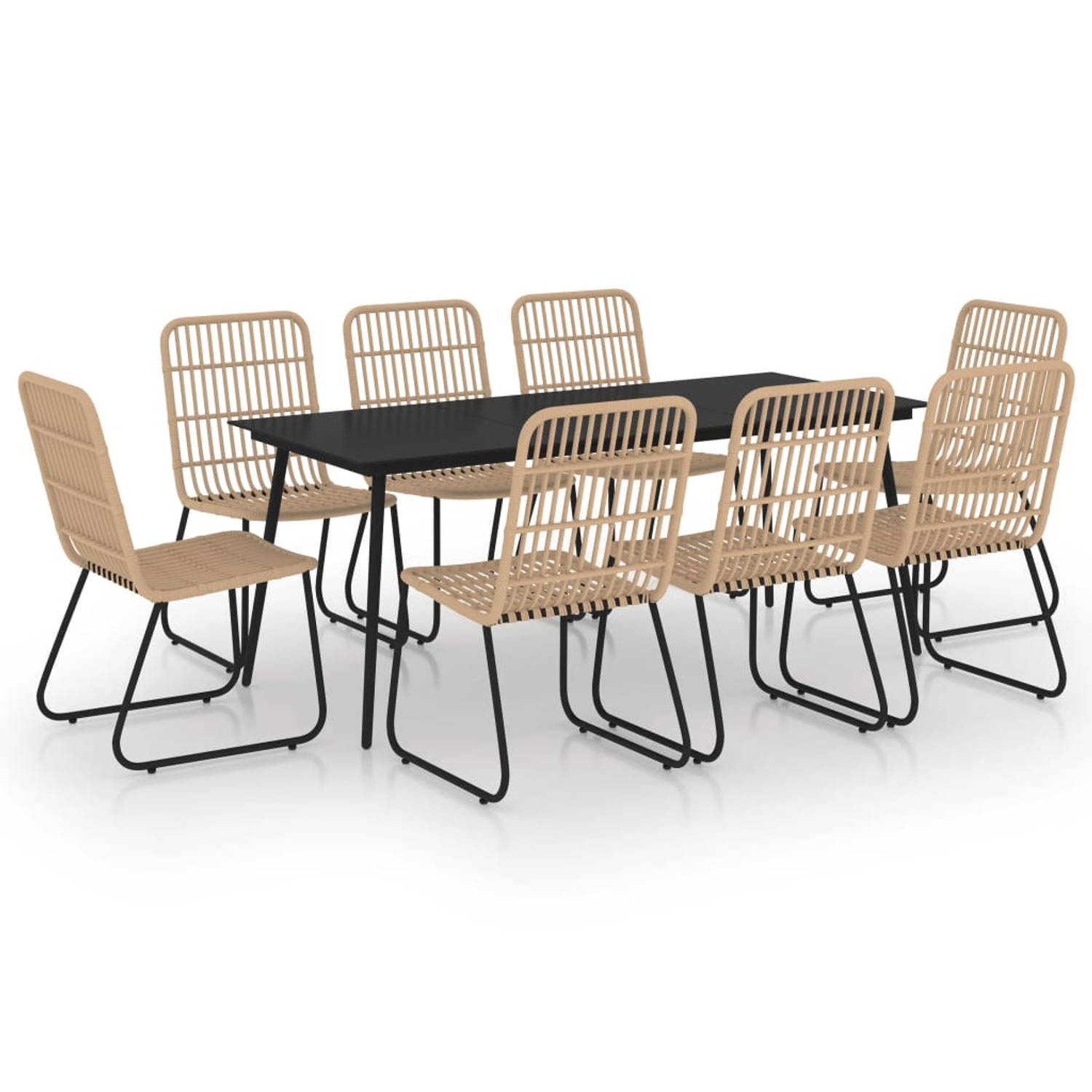 The Living Store Tuinset - Eiken en zwart - Stalen frame - Poly rattan zittingen - 190 x 90 x 74 cm tafel - 8 stoelen