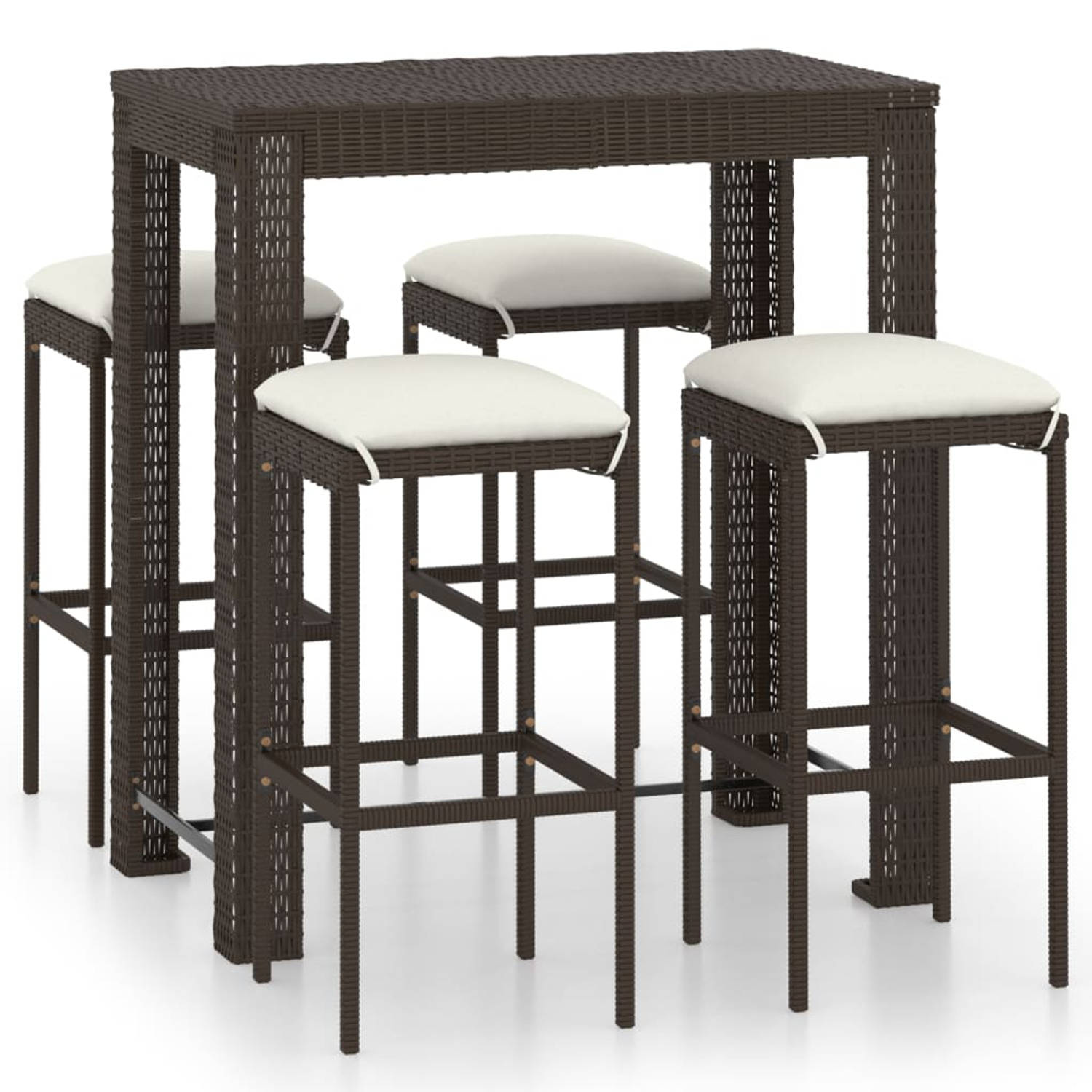 The Living Store Barset - bruin PE-rattan - gepoedercoat staal - tafel 100x60.5x110.5cm - stoel 38x38x76cm - incl - 4 krukken - kussens