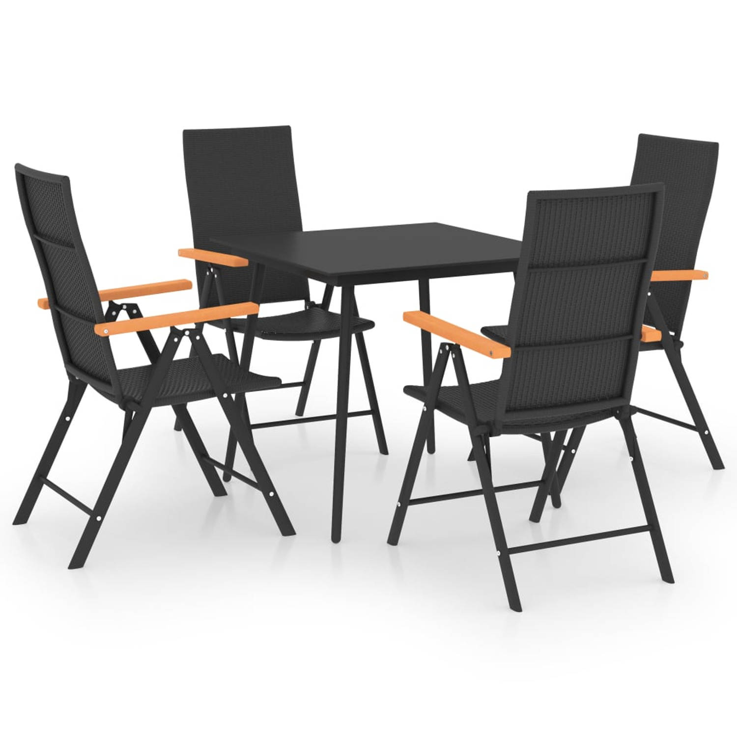 The Living Store Tuinset - PE-rattan - HKC armleuningen - glazen tafelblad - metalen frame - lichtgewicht - zwart - 80x80x74cm - 55x64x105cm - 7 posities - 1 tafel 4 stoelen