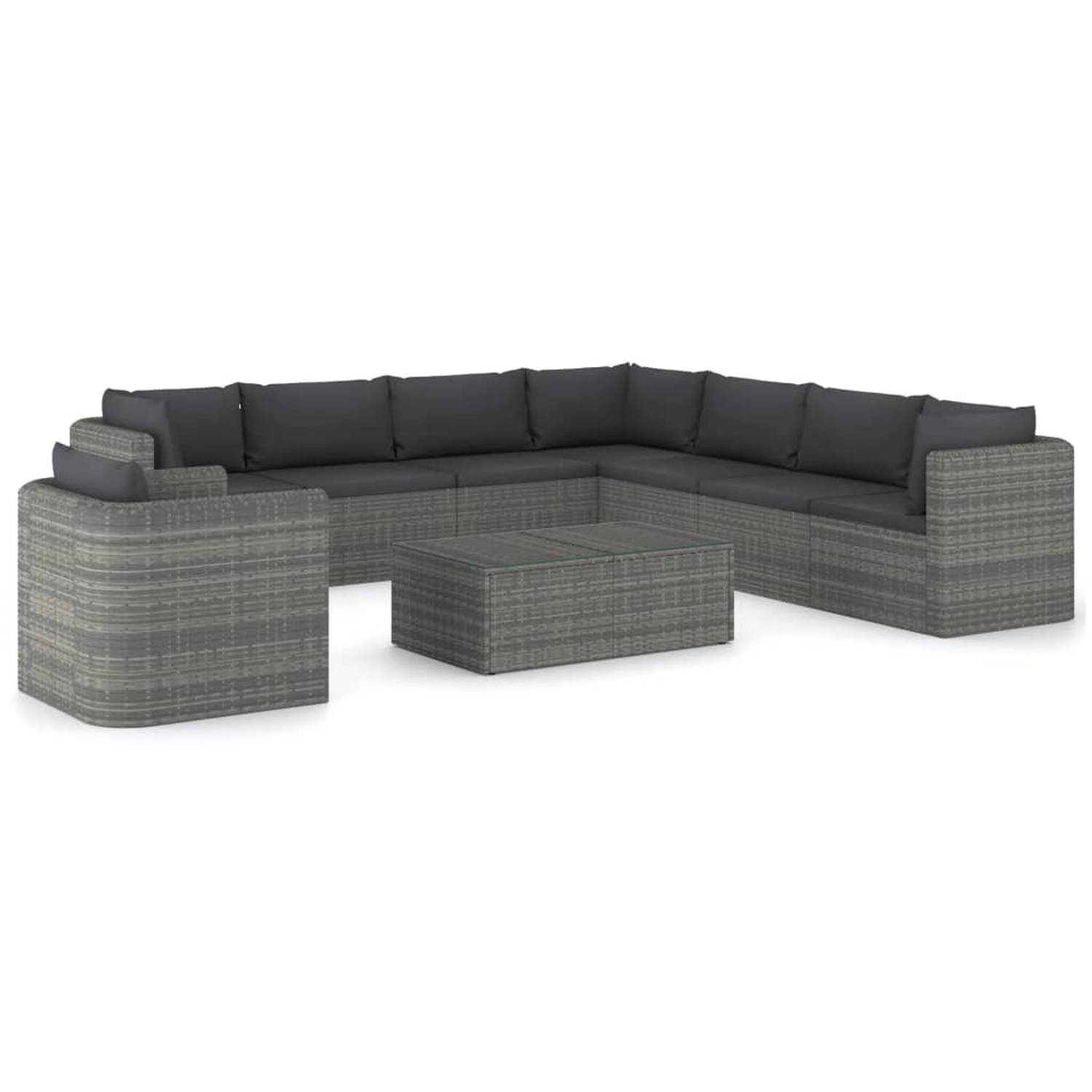 The Living Store Loungeset Poly Rattan - Grijs - Incl - kussens