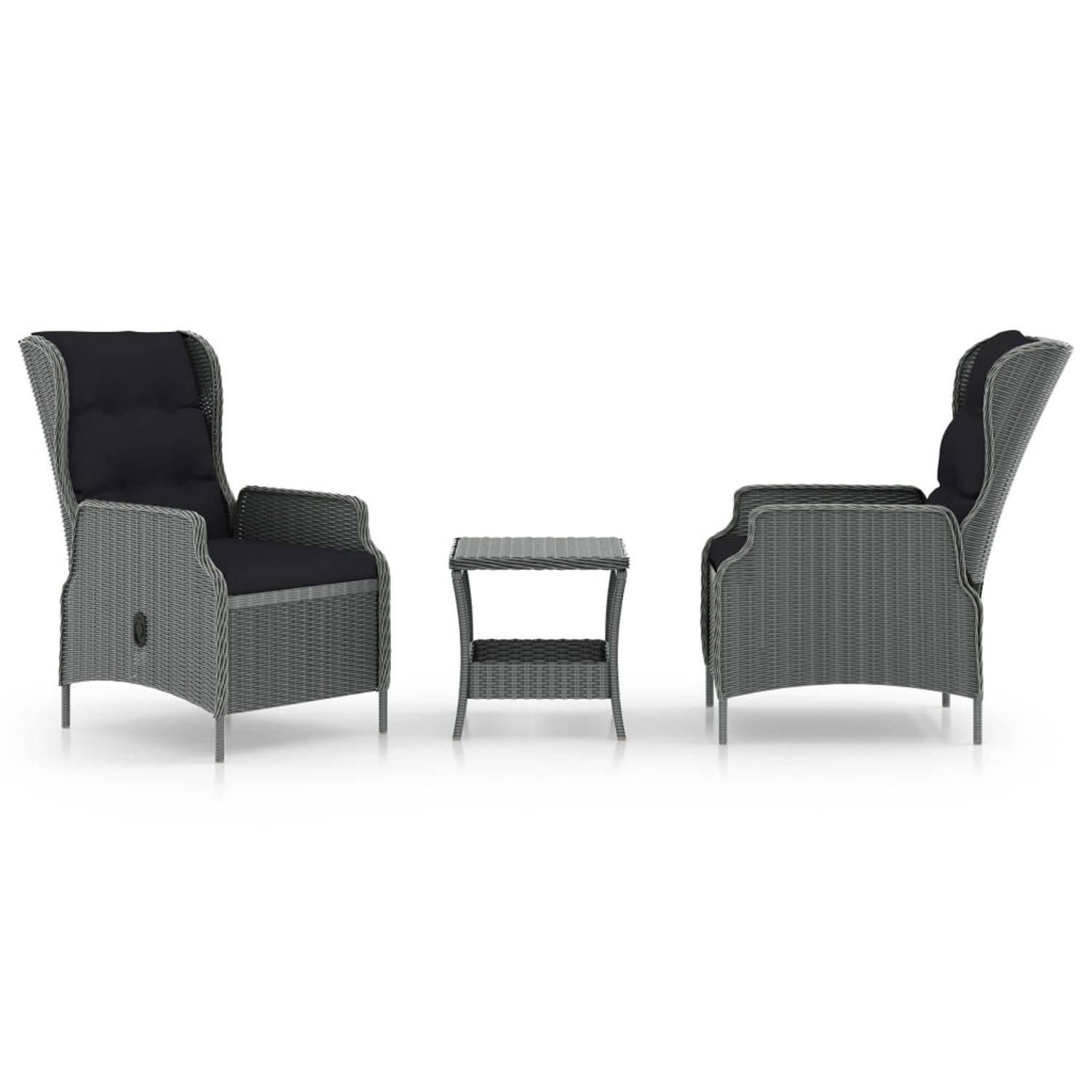 The Living Store Loungeset Rond PE-rattan - Lichtgrijs - 2 stoelen - Tafel - Zwart kussen - Afmetingen stoel- 57x88x100cm (BxDxH) - Afmetingen tafel- 45x45x46.5cm - Met ligfunctie