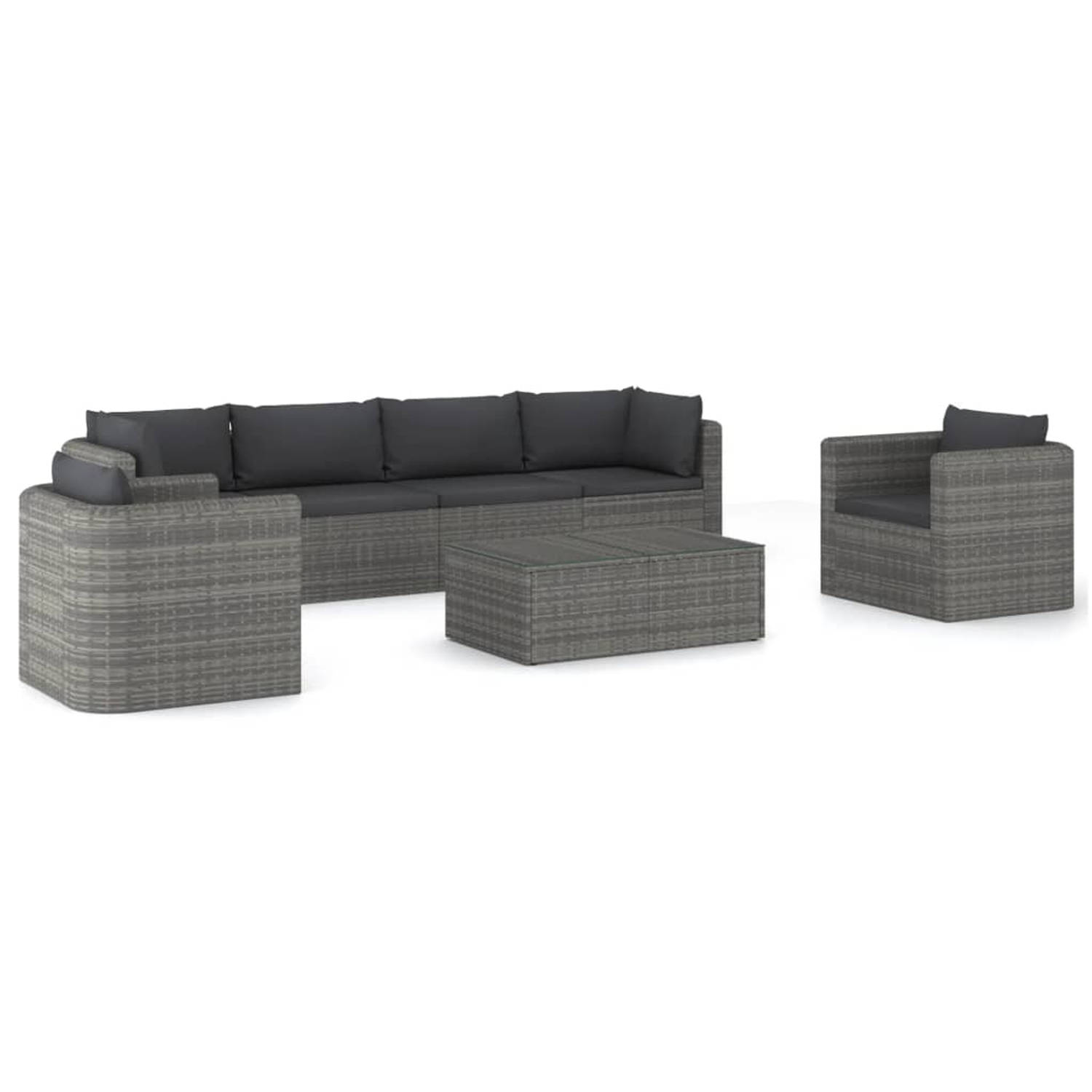 The Living Store Loungeset - PE-rattan - Grijs - 2 hoekbanken - 2 middenbanken - 2 eenzitsbanken - 1 tafel - 6 zitkussens - 8 rugkussens