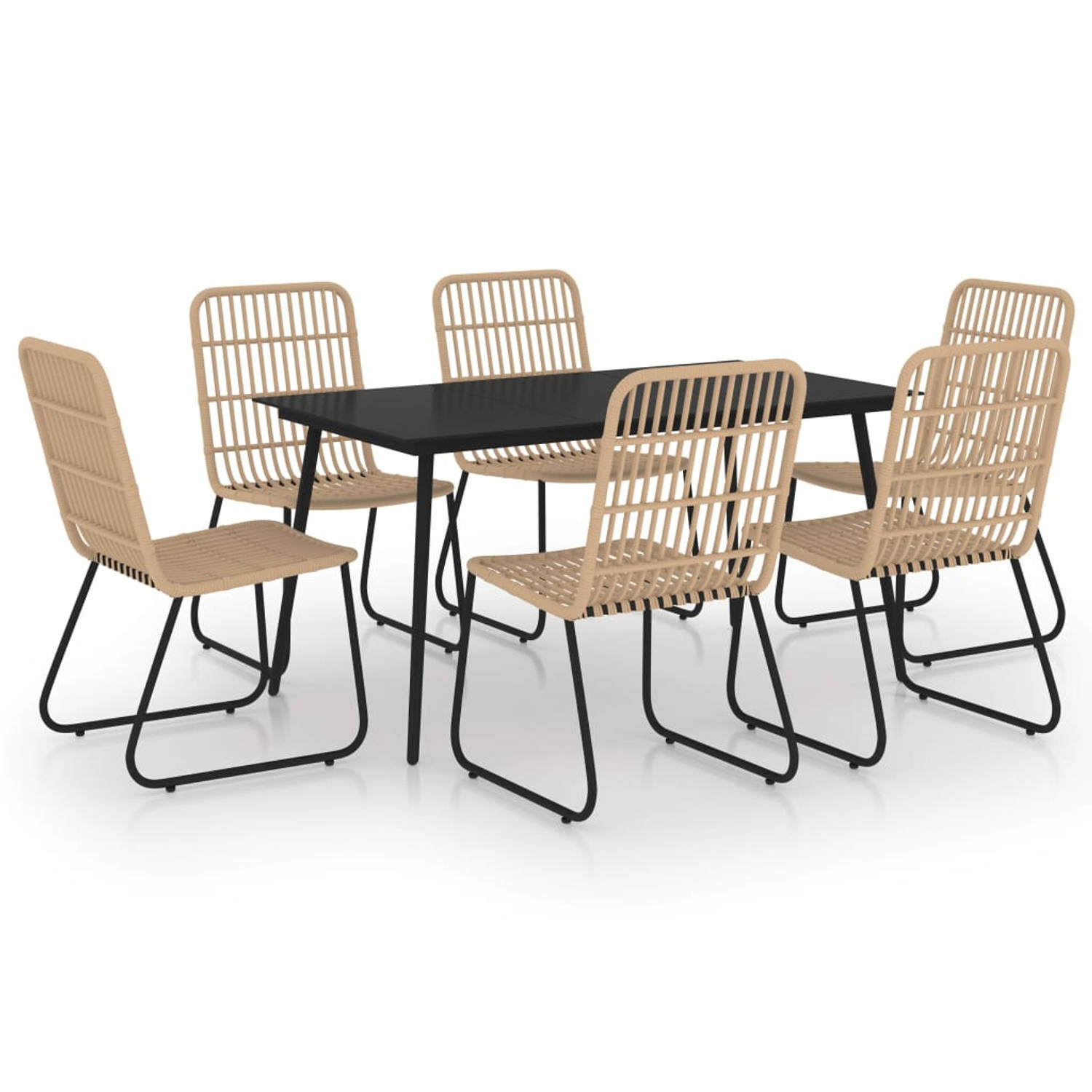 The Living Store Tuinset - Eiken en zwart - Stalen frame - Poly rattan - Glas - 150x80x74 cm - 6 stoelen