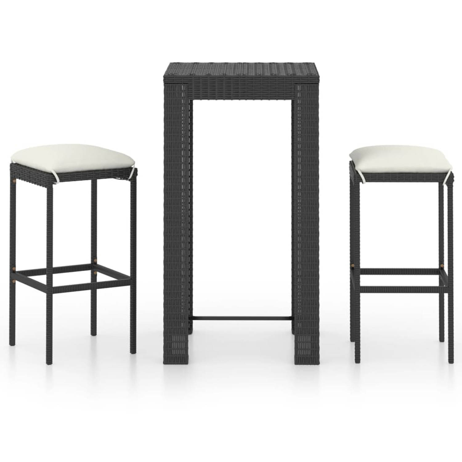The Living Store Barset - Vierkante bartafel 60.5 x 60.5 x 110.5 cm - Set van 2 barkrukken - PE-rattan en gepoedercoat staal - Kleur- zwart