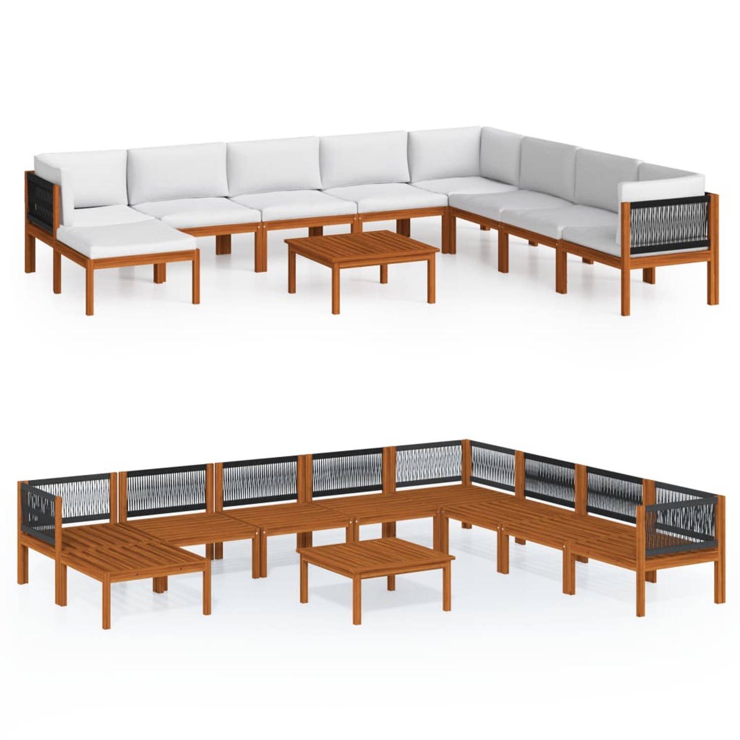 The Living Store Acacia Houten Loungeset - Hoekbank - Middenbank - Voetenbank - Tafel - Crèmewit Kussen - 63x63x30cm - 65x65x60cm