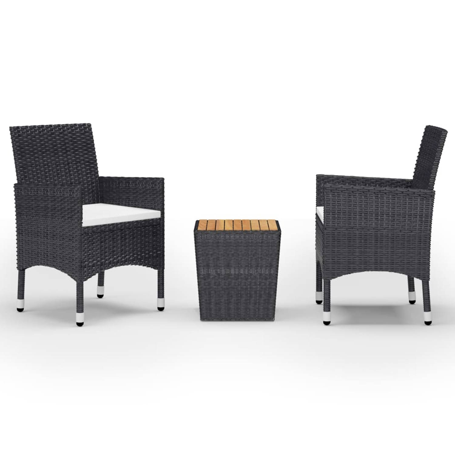 The Living Store 3-delige bistroset - zwart - poly rattan - staal - stof en acaciahout - 41.5 x 41.5 x 43 cm - ergonomisch design - inclusief kussens