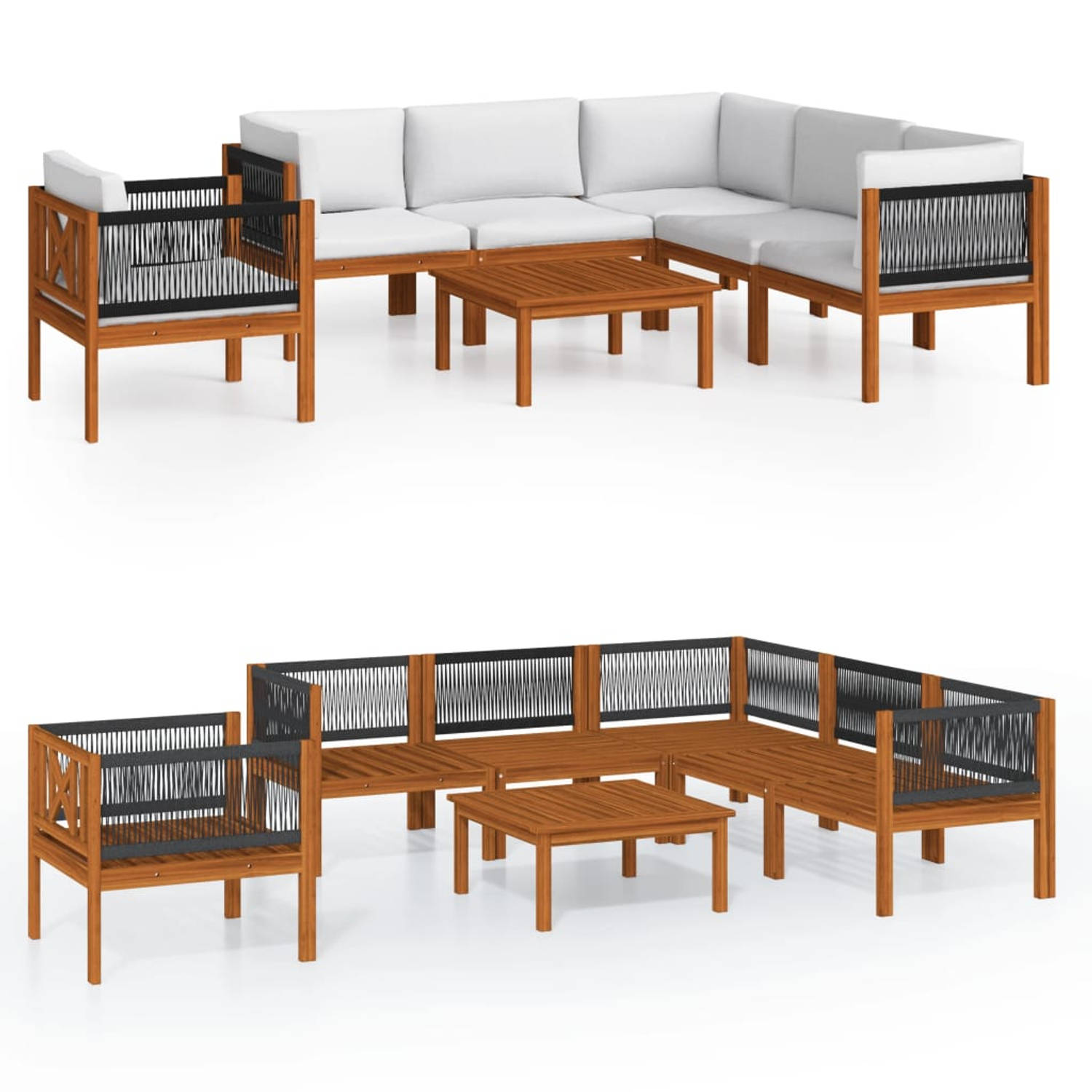 The Living Store Loungeset Acaciahout - Tafel 63x63x30cm - Banken 65x65x60cm - Kussens 6cm dik - The Living Store