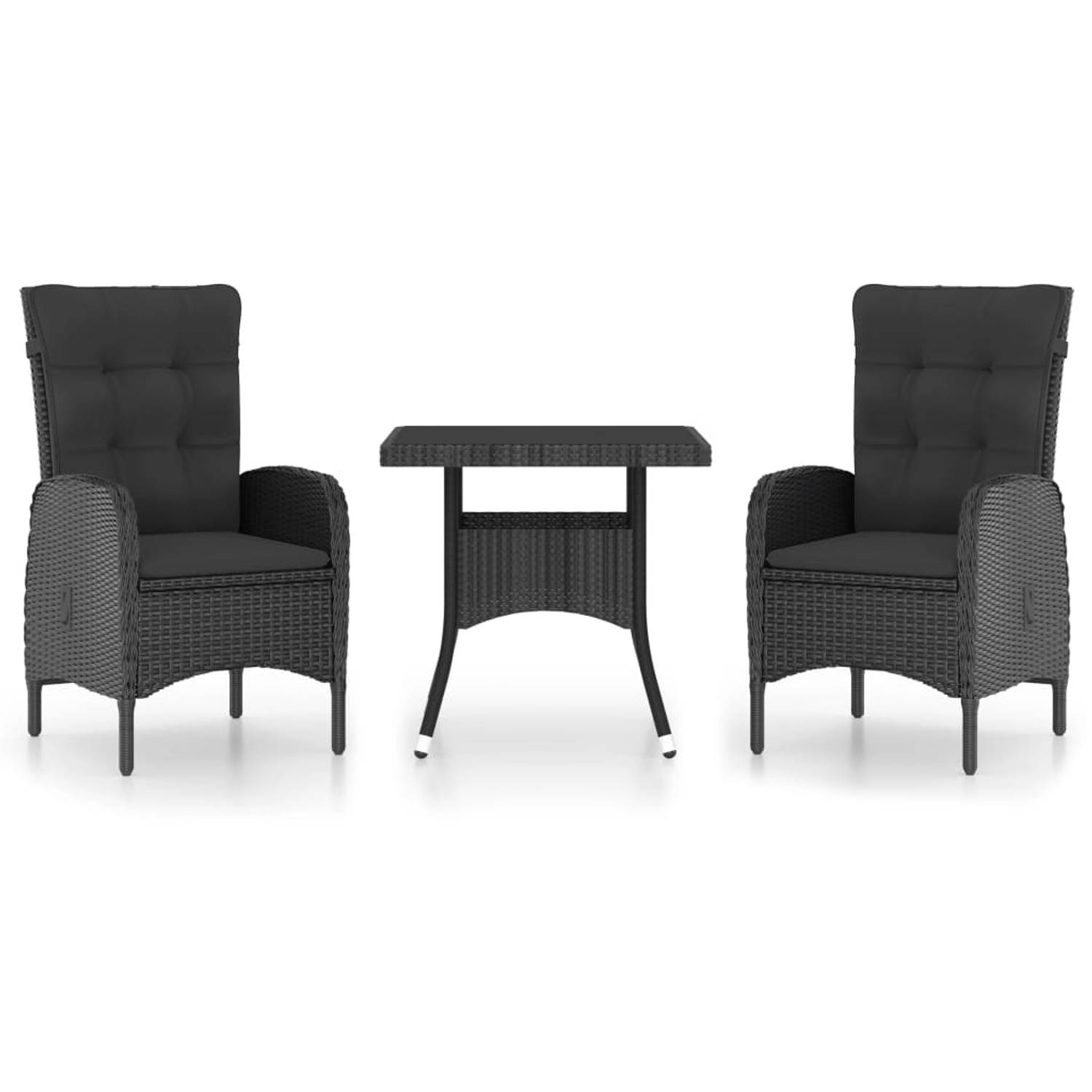 The Living Store Tuinmeubelset - zwart - poly rattan/staal/glas/stof - tafel- 80x80x75cm. stoel- 58x63x108cm