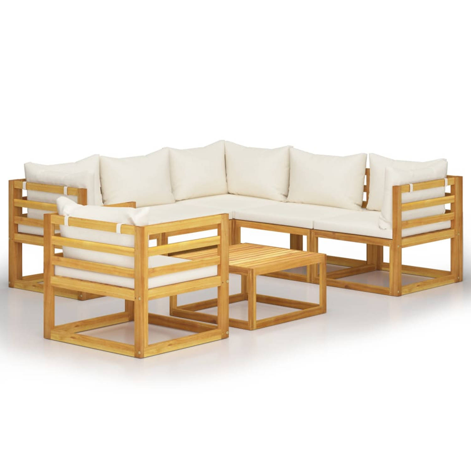 The Living Store Loungeset Acacia - 3-hoekbank 2-middenbank Fauteuil - 70x70x60cm - Crème kussens