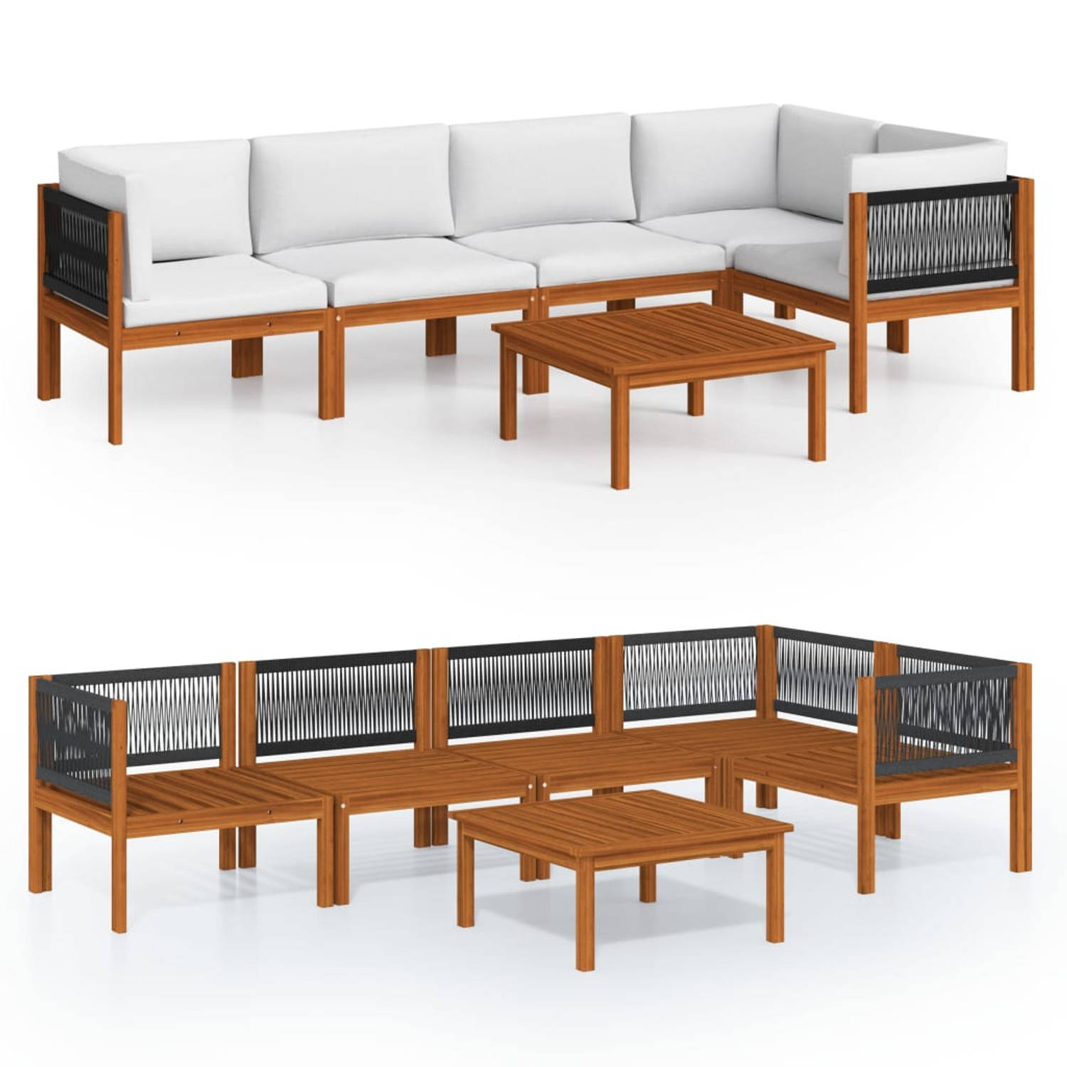 The Living Store Loungeset Hout - Acaciahout - Tafel 63x63x30cm - Bank 65x65x60cm - Kussens - Crèmewit