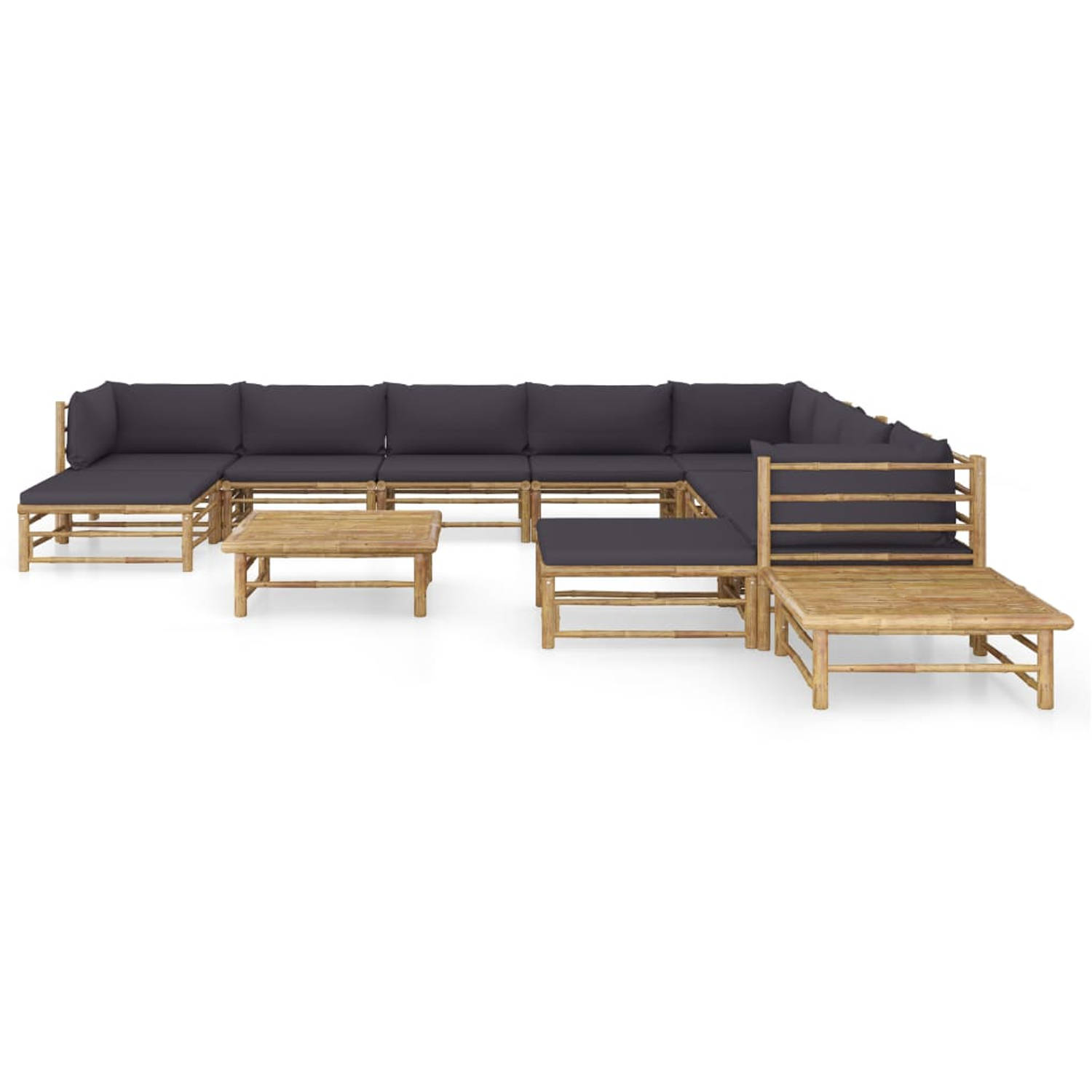 The Living Store Bamboe loungeset - 3 hoekbank - 5 middenbank - 2 voetenbank - 2 tafel - 65 x 70 x 60 cm - donkergrijze kussens
