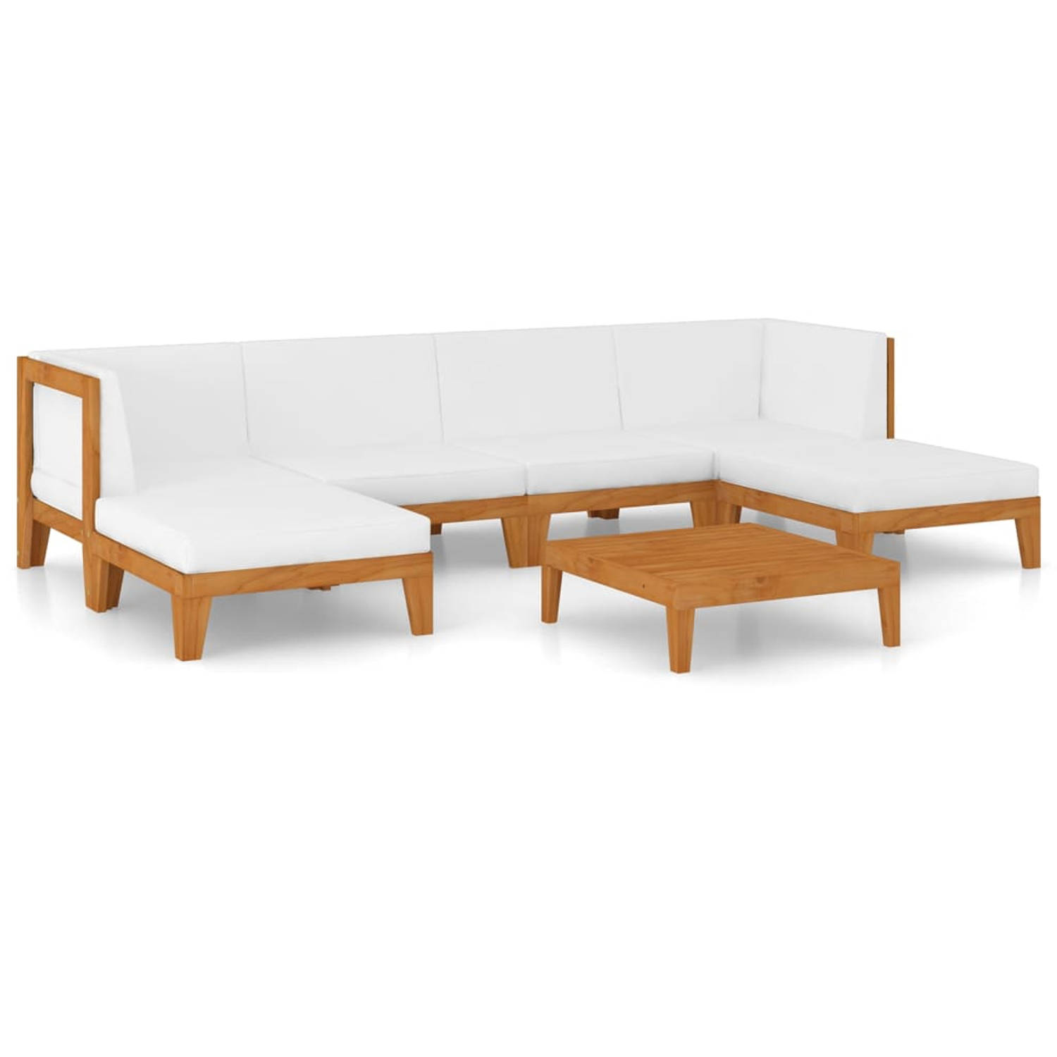 The Living Store Tuinset - Acaciahout - Hoekbank - Middenbank - Voetenbank - Tafel - Crèmewit Kussen - 68.5x68.5x62 cm - 100% Polyester - Montage vereist - The Living Store