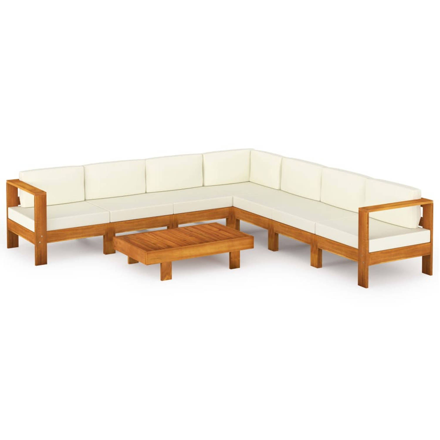 The Living Store Houten loungeset - Tuinmeubelset van massief acaciahout - Crèmewit kussen - Afmetingen bank- 70x65x60cm - hoekbank- 63x63x60cm - tafel- 100x60x25cm - Montage verei